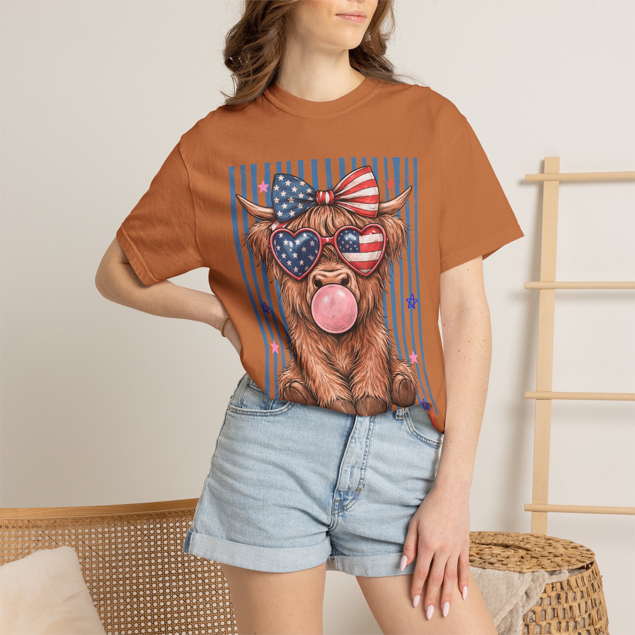 All American Girl Cow T-Shirt — Patriotic Highland Cow Graphic Tee