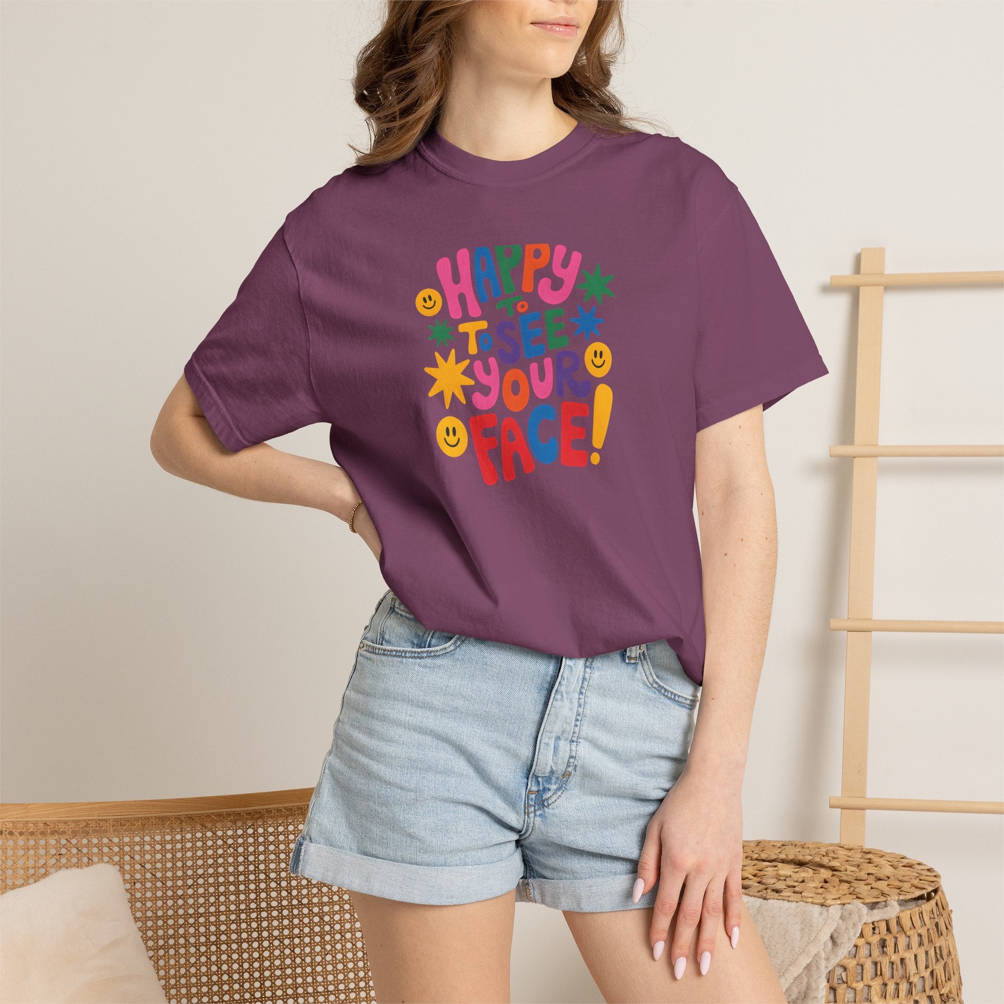 Happy to See Your Face T-shirt | Colorful Retro Smiley Typography