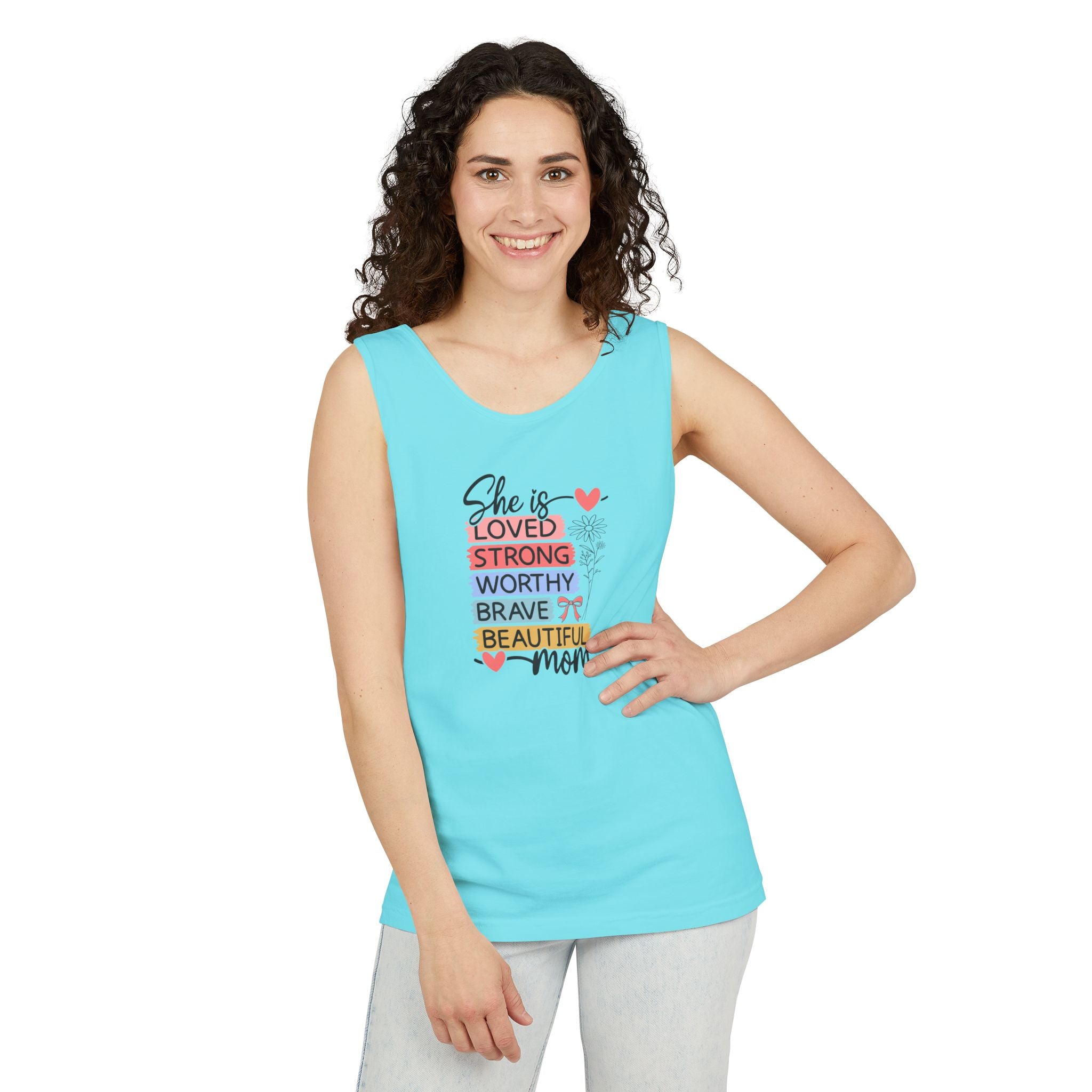 Mom Inspirational Tank Top – "She is Loved, Strong, Worthy, Brave, Beautiful"