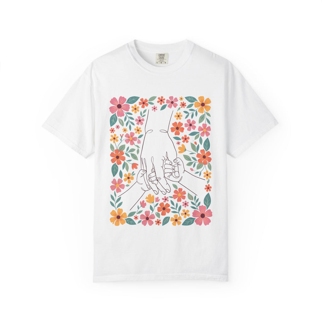 Floral Family Hold T-Shirt — Illustrated Hands & Colorful Flower Frame