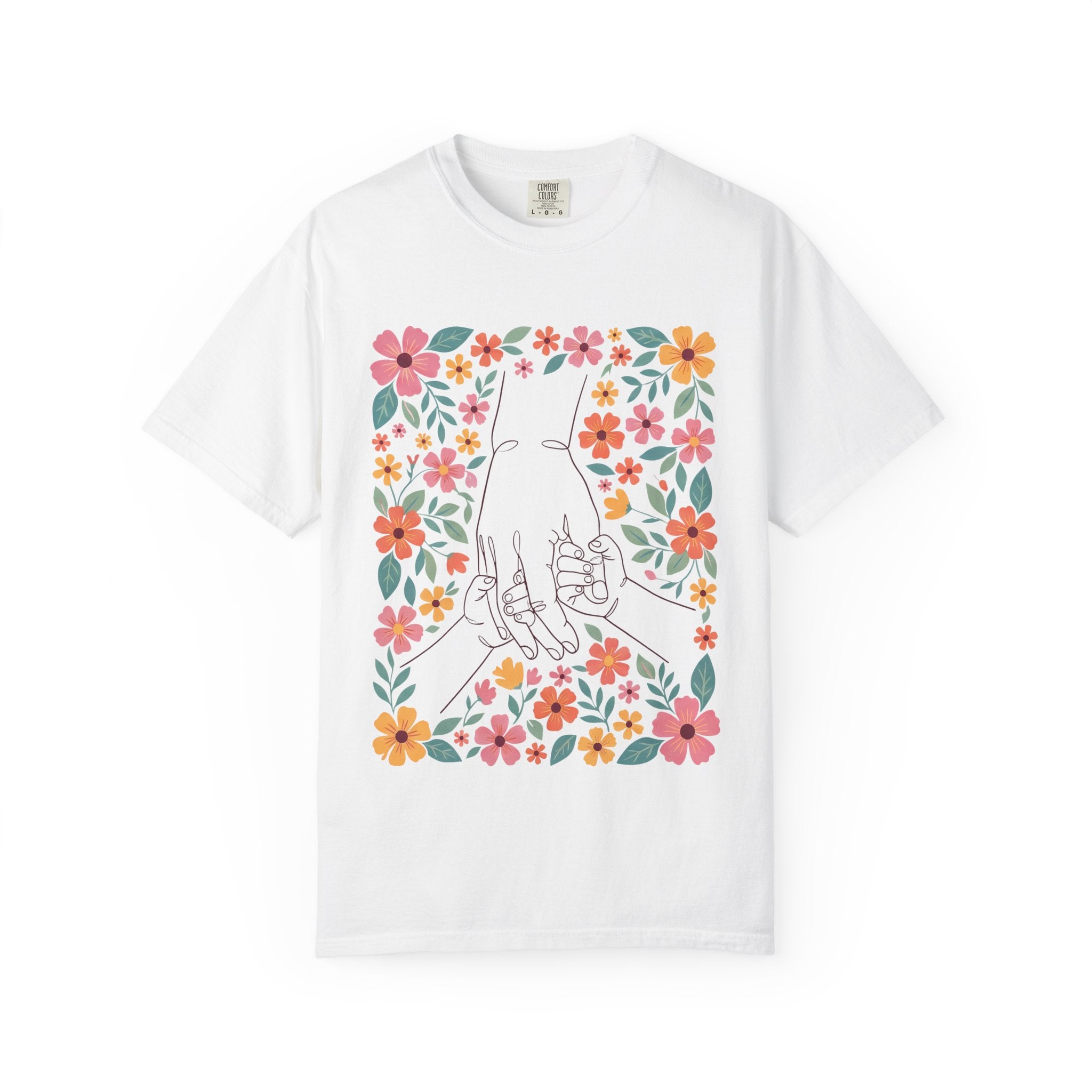 Floral Family Hold T-Shirt — Illustrated Hands & Colorful Flower Frame