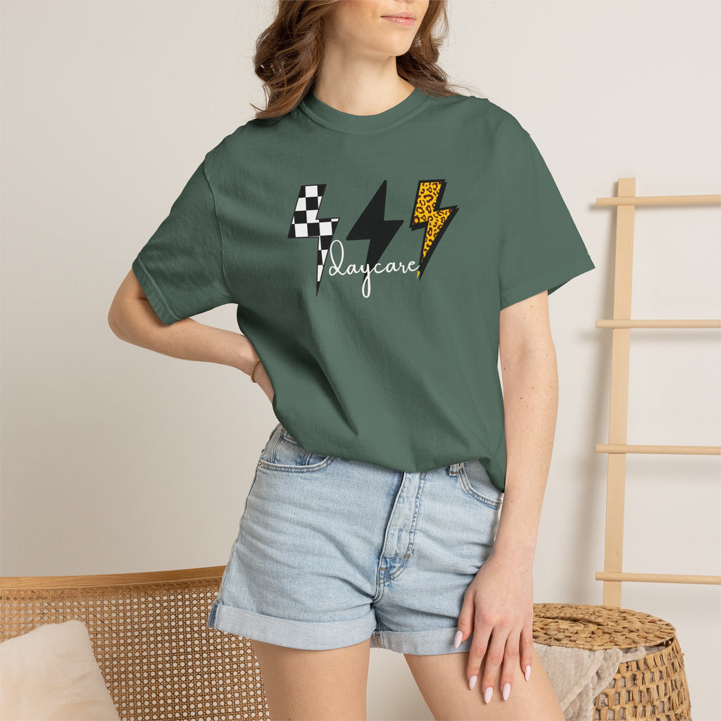 Checkerboard & Leopard Lightning Daycare T-shirt | Gray Garment-Dyed Tee