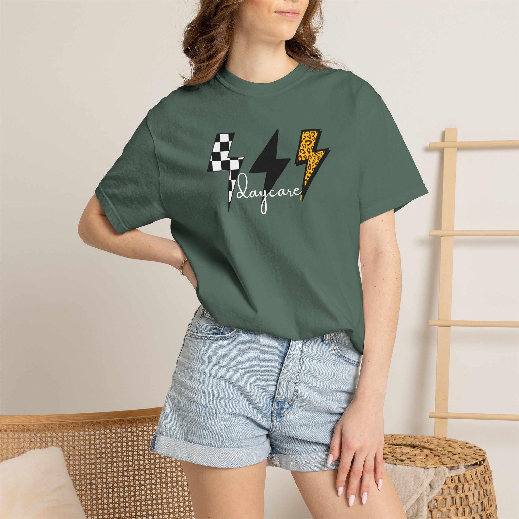 Checkerboard & Leopard Lightning Daycare T-shirt | Gray Garment-Dyed Tee