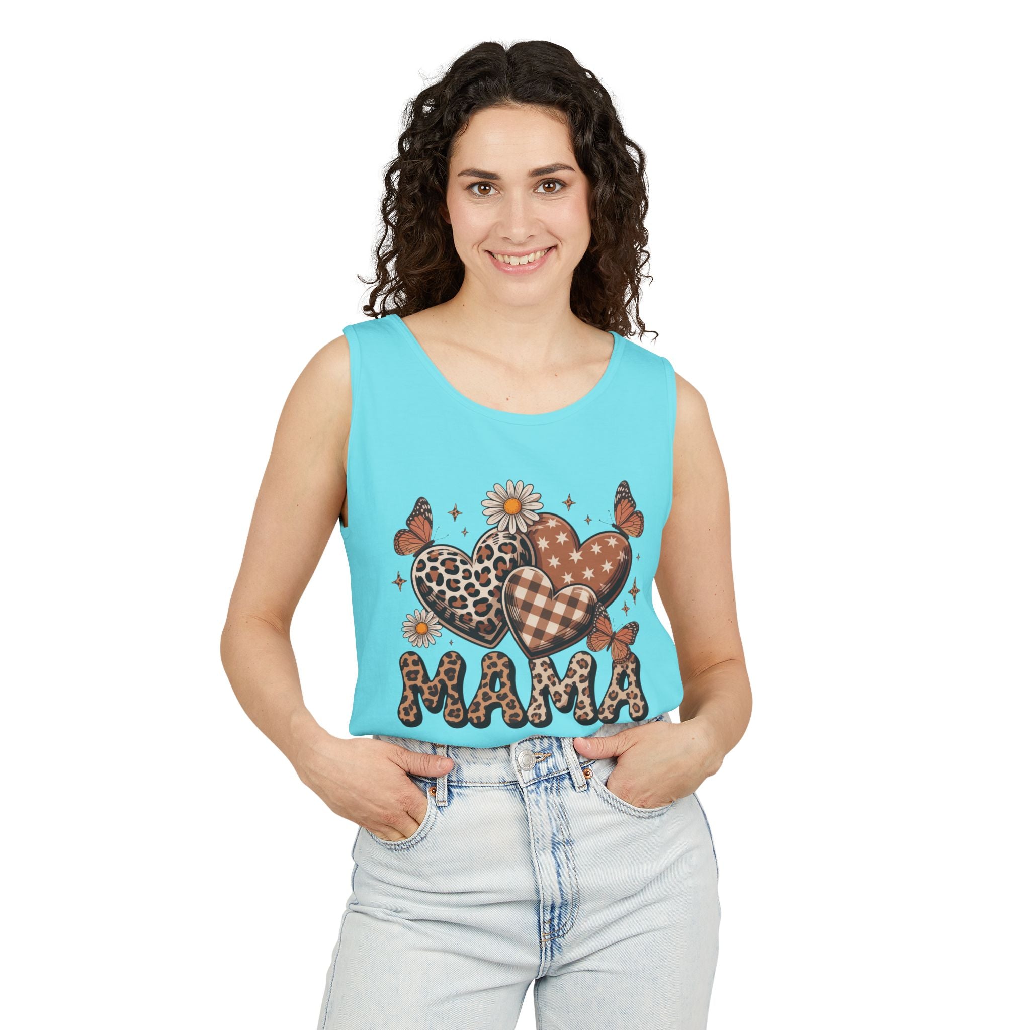 Mama Heart Tank Top — Boho Leopard Plaid Hearts & Daisies