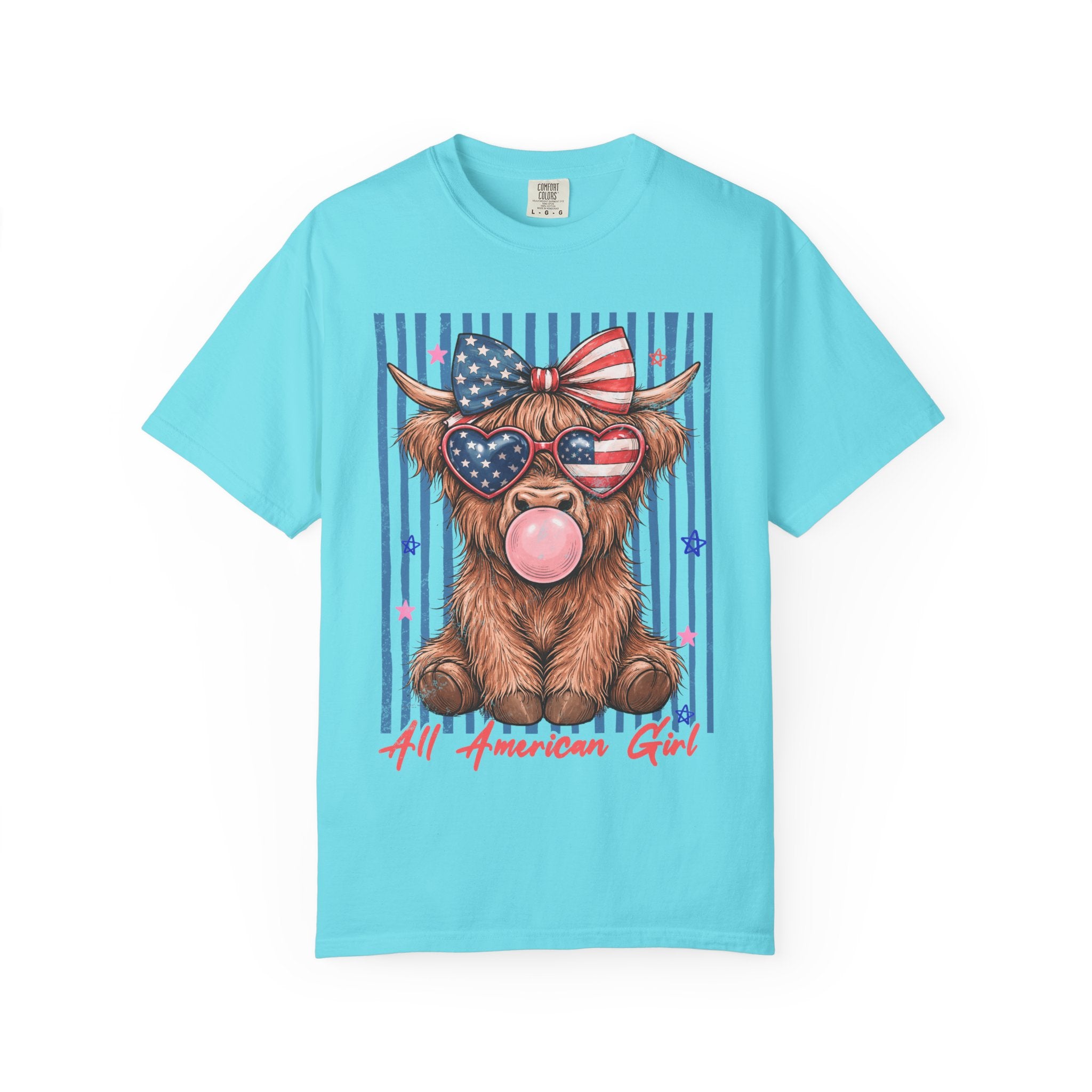 All American Girl Cow T-Shirt — Patriotic Highland Cow Graphic Tee