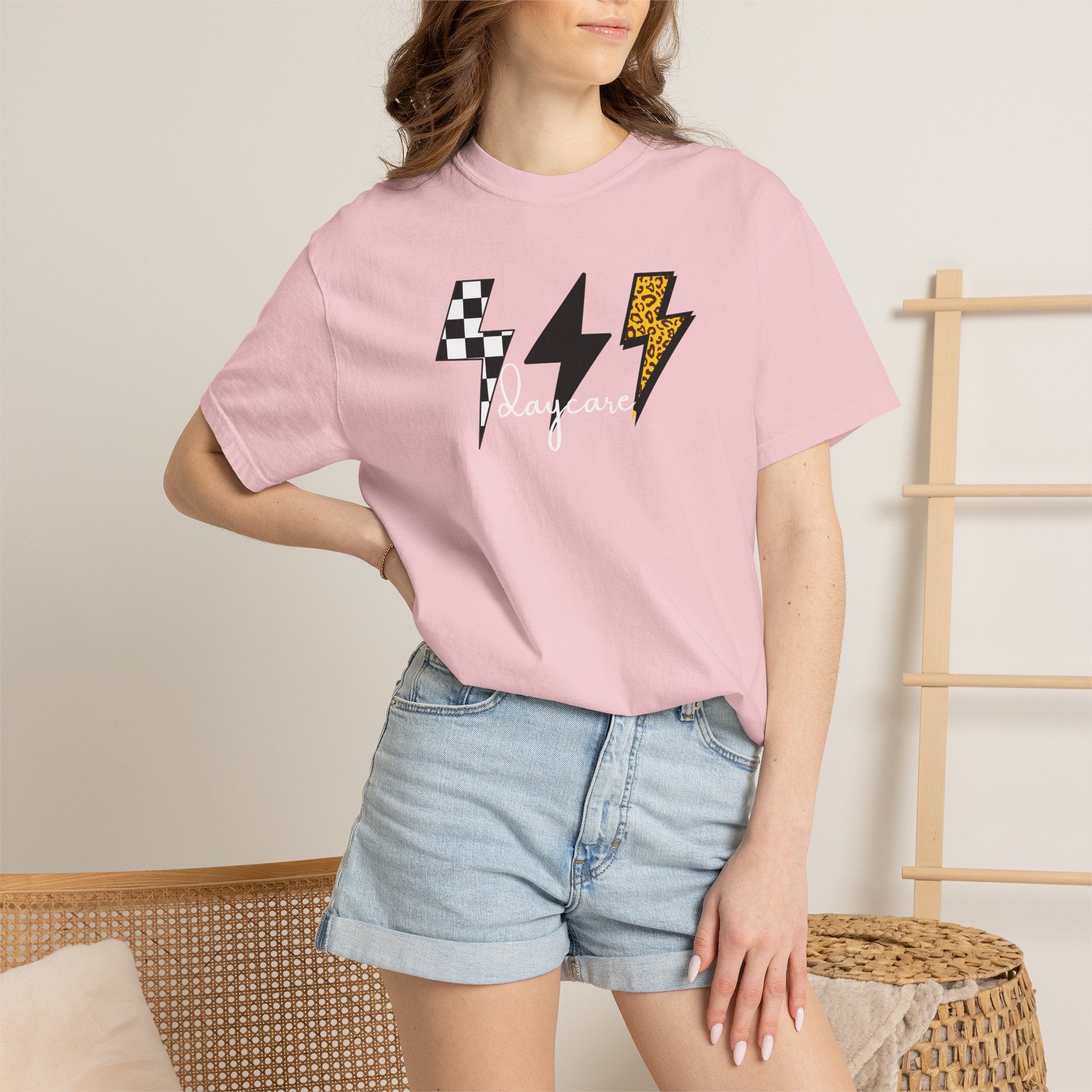 Checkerboard & Leopard Lightning Daycare T-shirt | Gray Garment-Dyed Tee