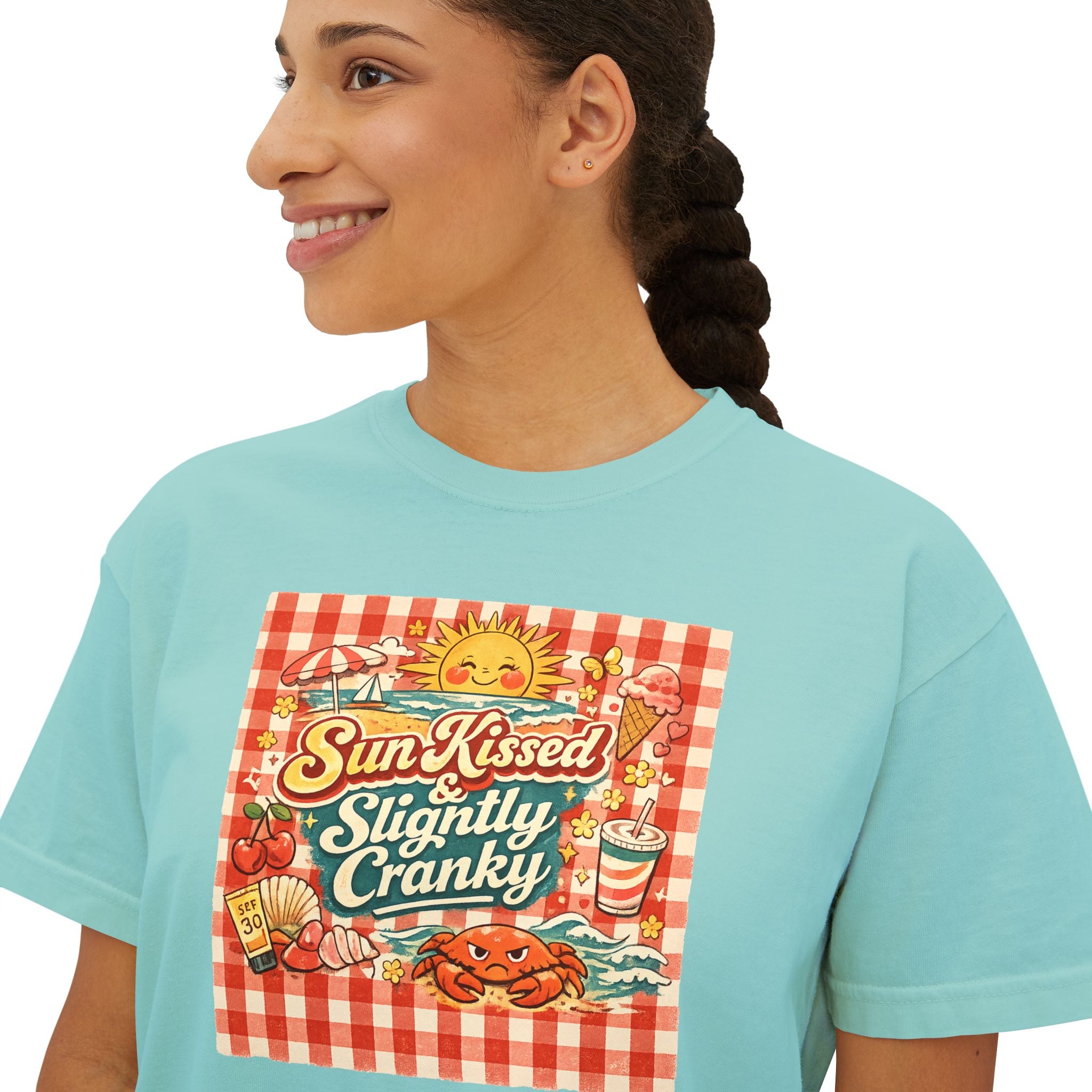 Sun-Kissed Slightly Cranky Boxy Tee — Retro Picnic Graphic Women’s Shirt