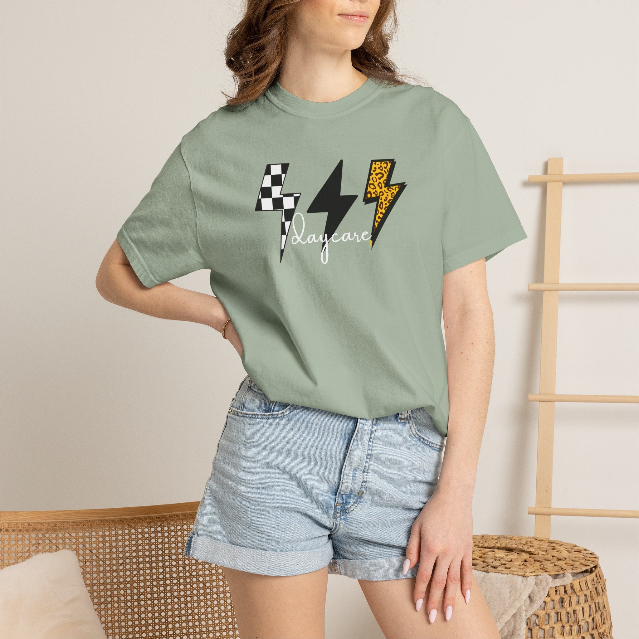 Checkerboard & Leopard Lightning Daycare T-shirt | Gray Garment-Dyed Tee