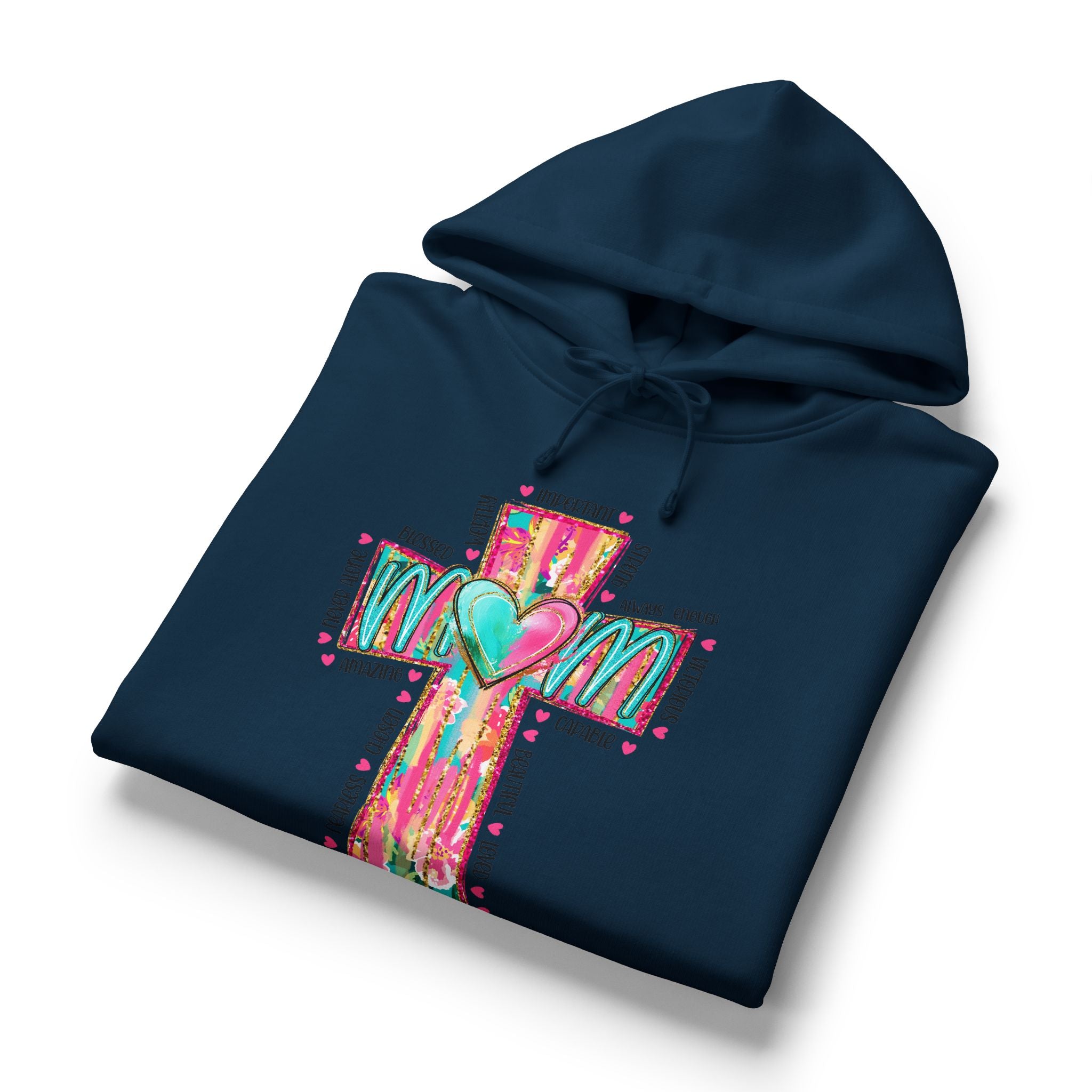 Christian Cross Hoodie — Colorful Heart & 'Mom' Faith Graphic