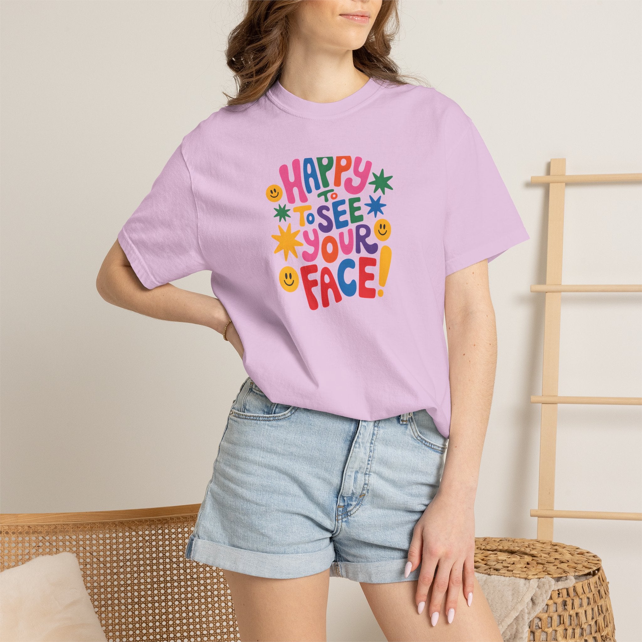 Happy to See Your Face T-shirt | Colorful Retro Smiley Typography