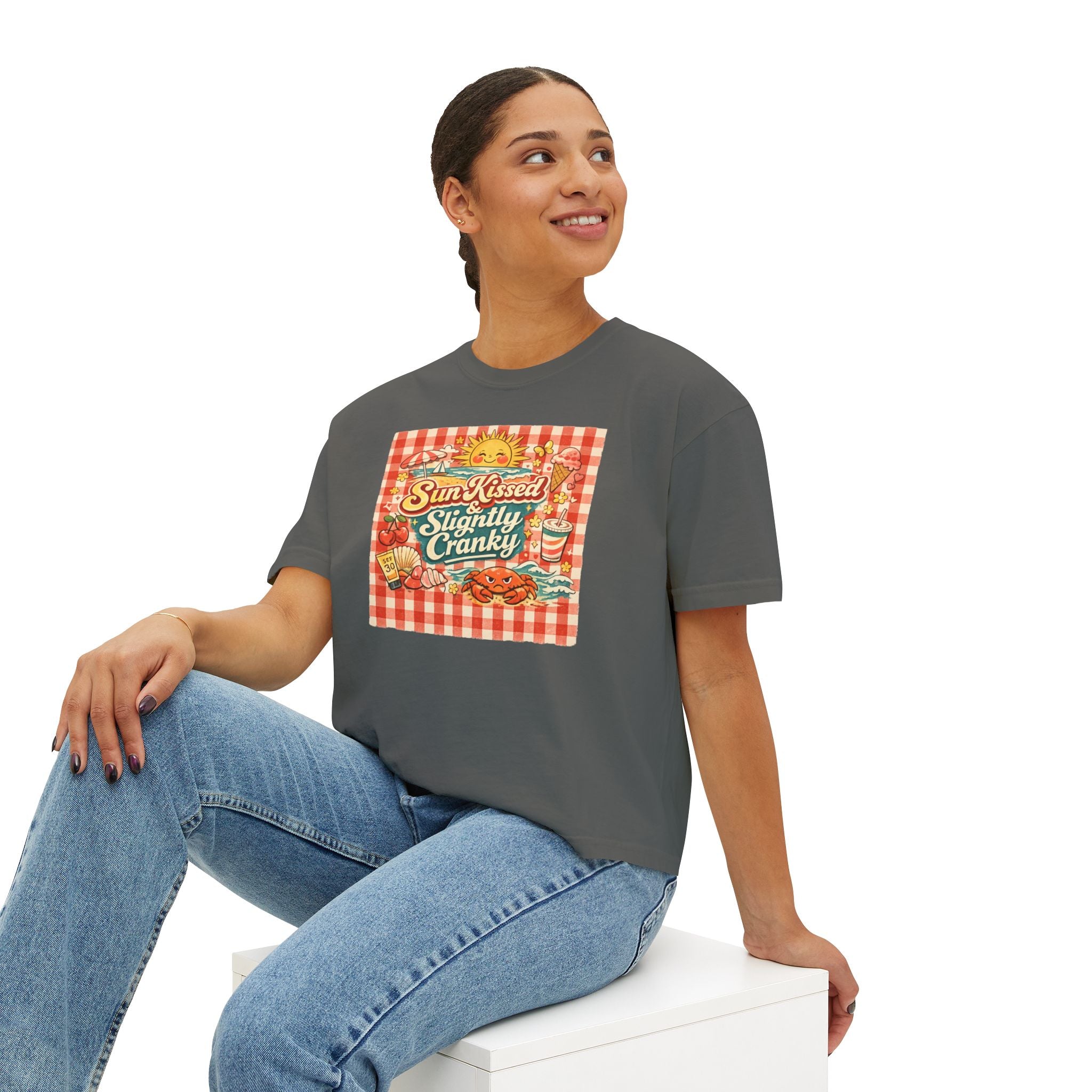 Sun-Kissed Slightly Cranky Boxy Tee — Retro Picnic Graphic Women’s Shirt