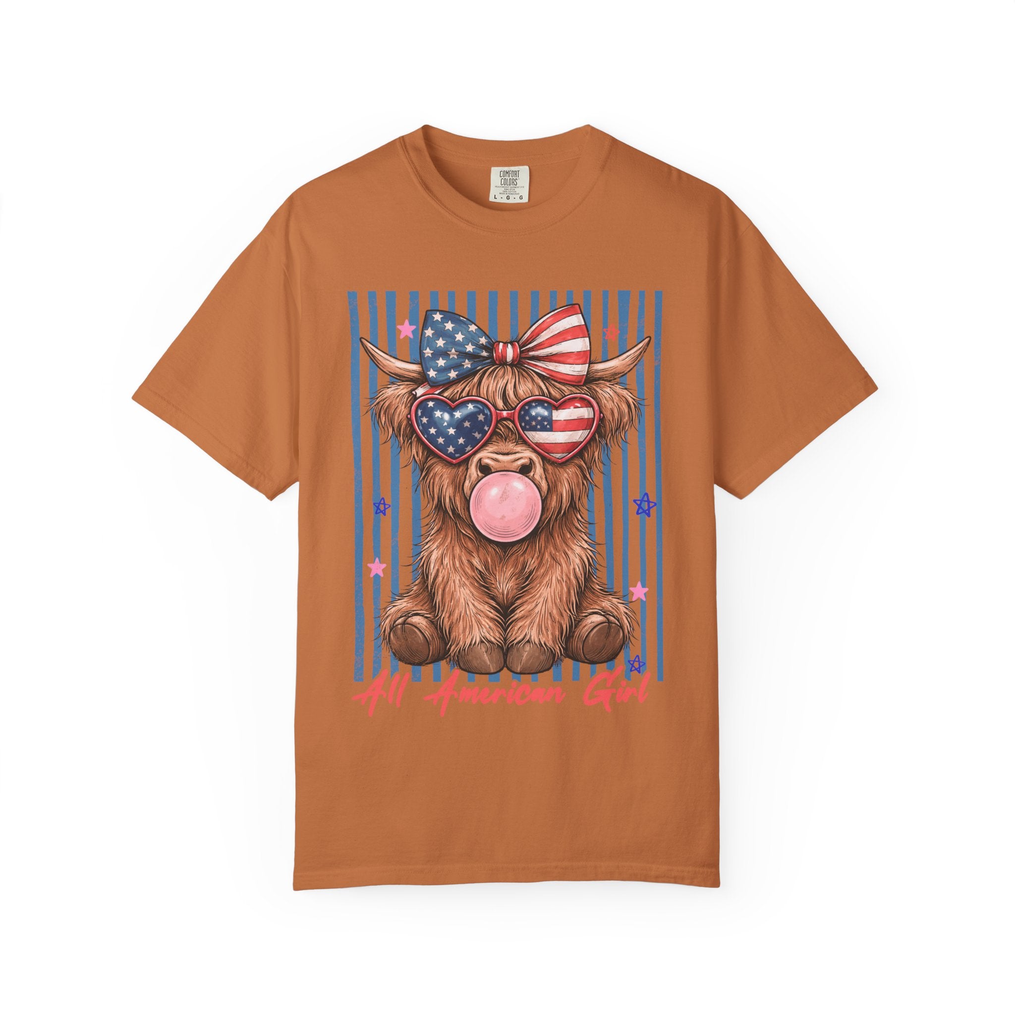 All American Girl Cow T-Shirt — Patriotic Highland Cow Graphic Tee