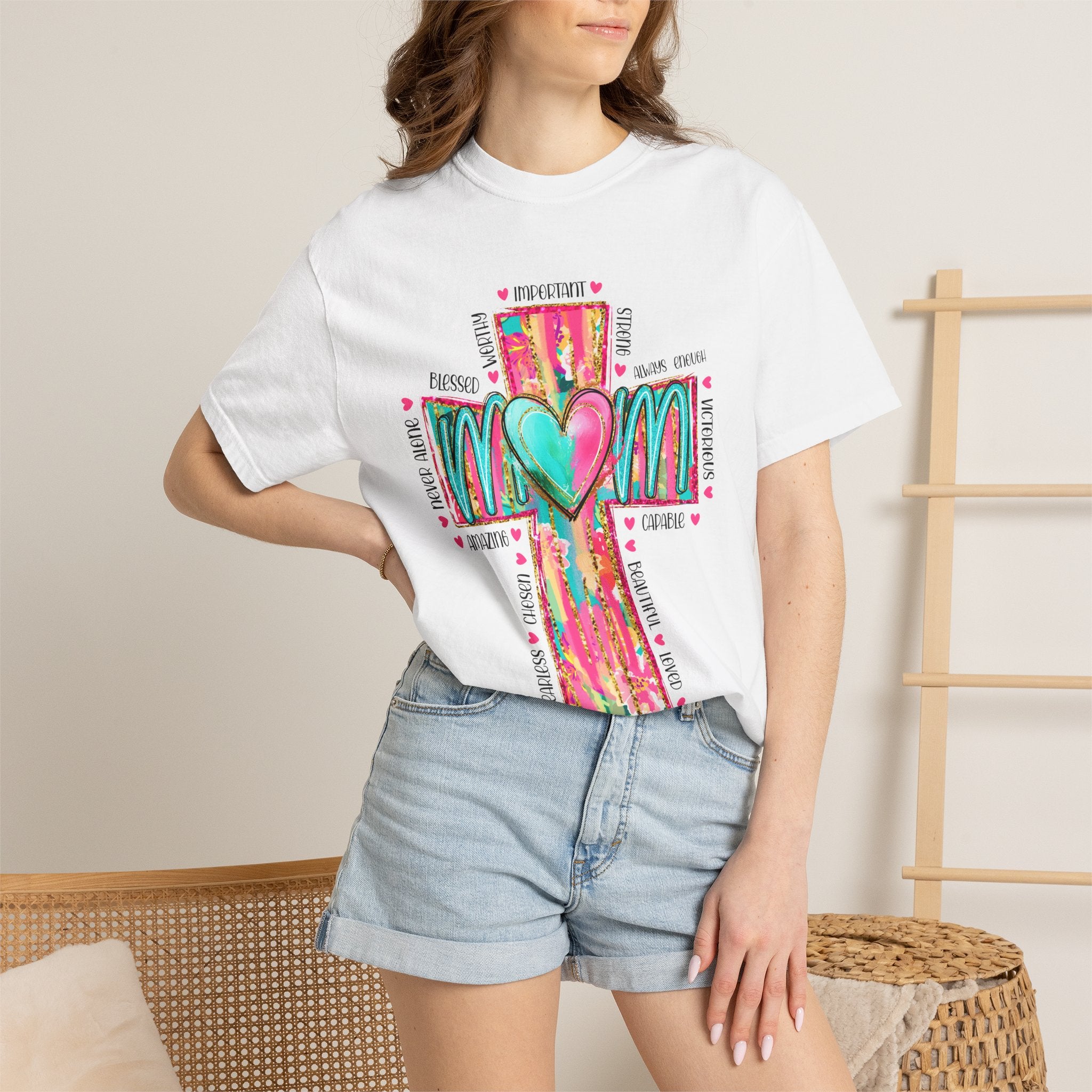 Mom Cross Heart T-Shirt — Colorful Spiritual Mother’s Day Tee