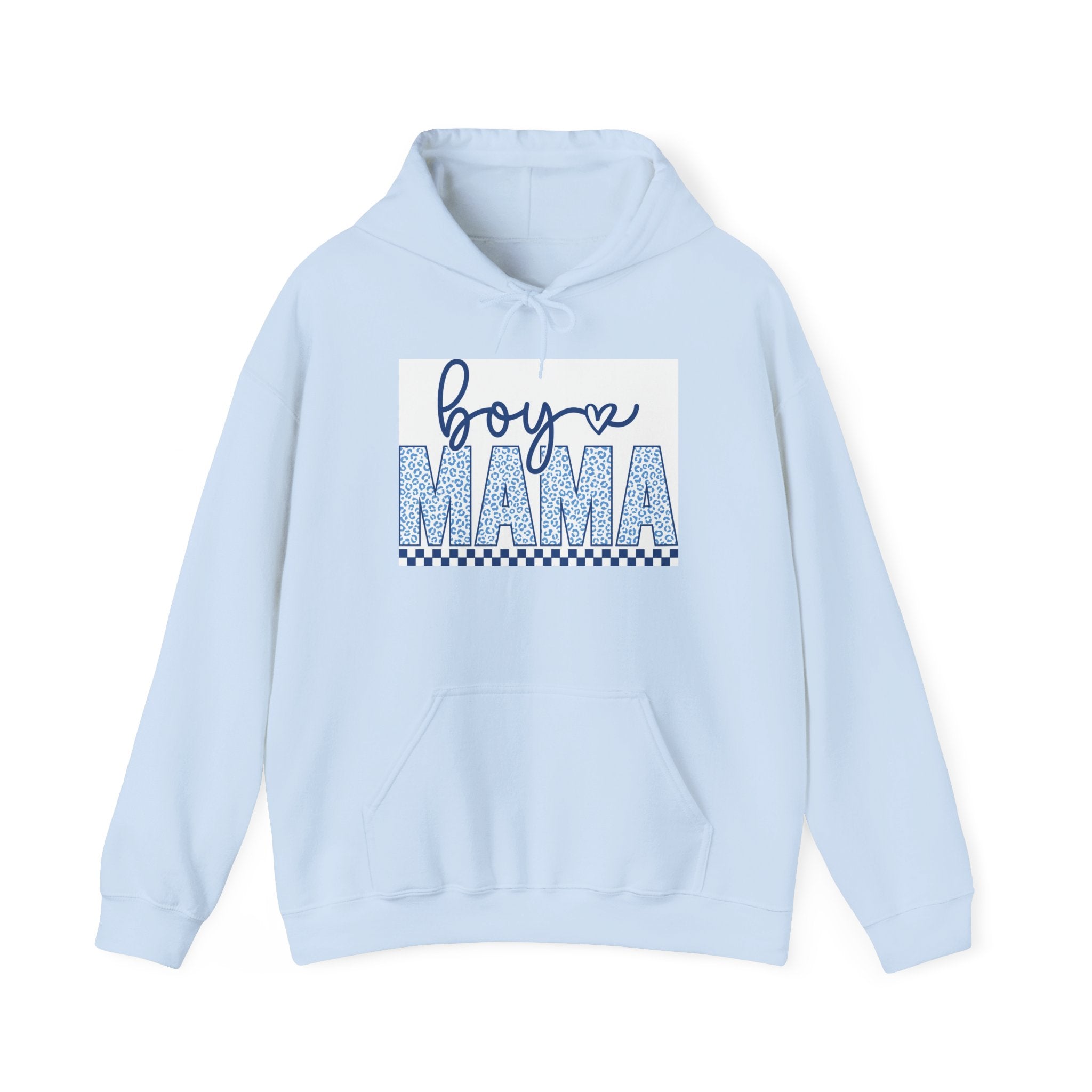 Boy Mama Hoodie — Blue Script & Patterned Lettering, Mom Gift for New Baby or Mother's Day