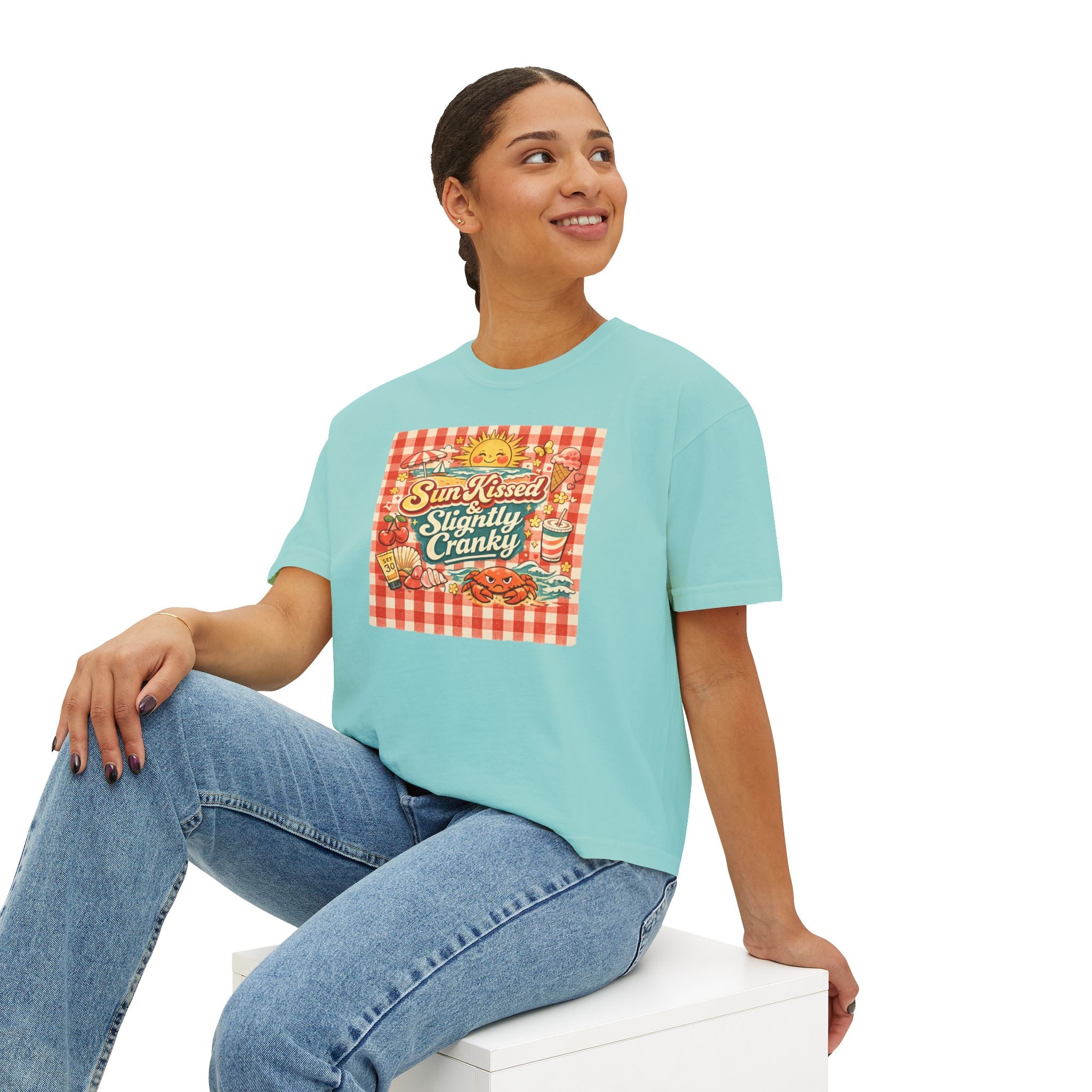 Sun-Kissed Slightly Cranky Boxy Tee — Retro Picnic Graphic Women’s Shirt