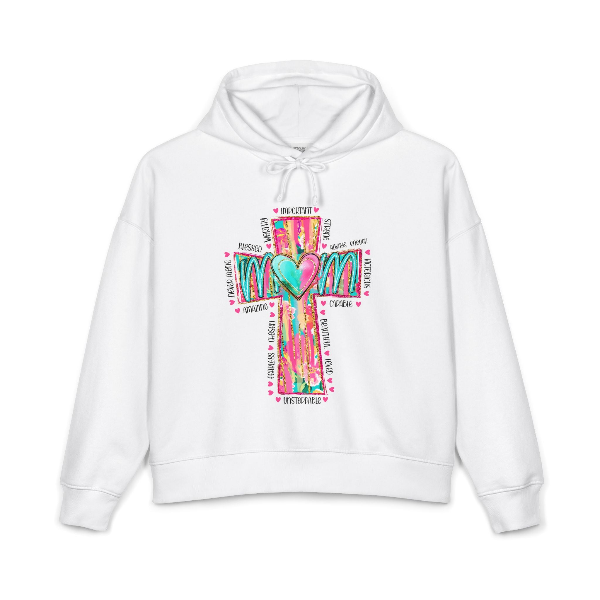 Christian Cross Hoodie — Colorful Heart & 'Mom' Faith Graphic