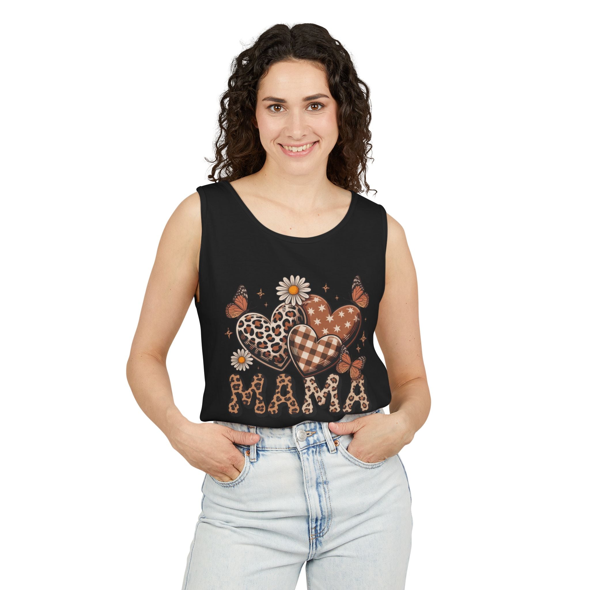 Mama Heart Tank Top — Boho Leopard Plaid Hearts & Daisies