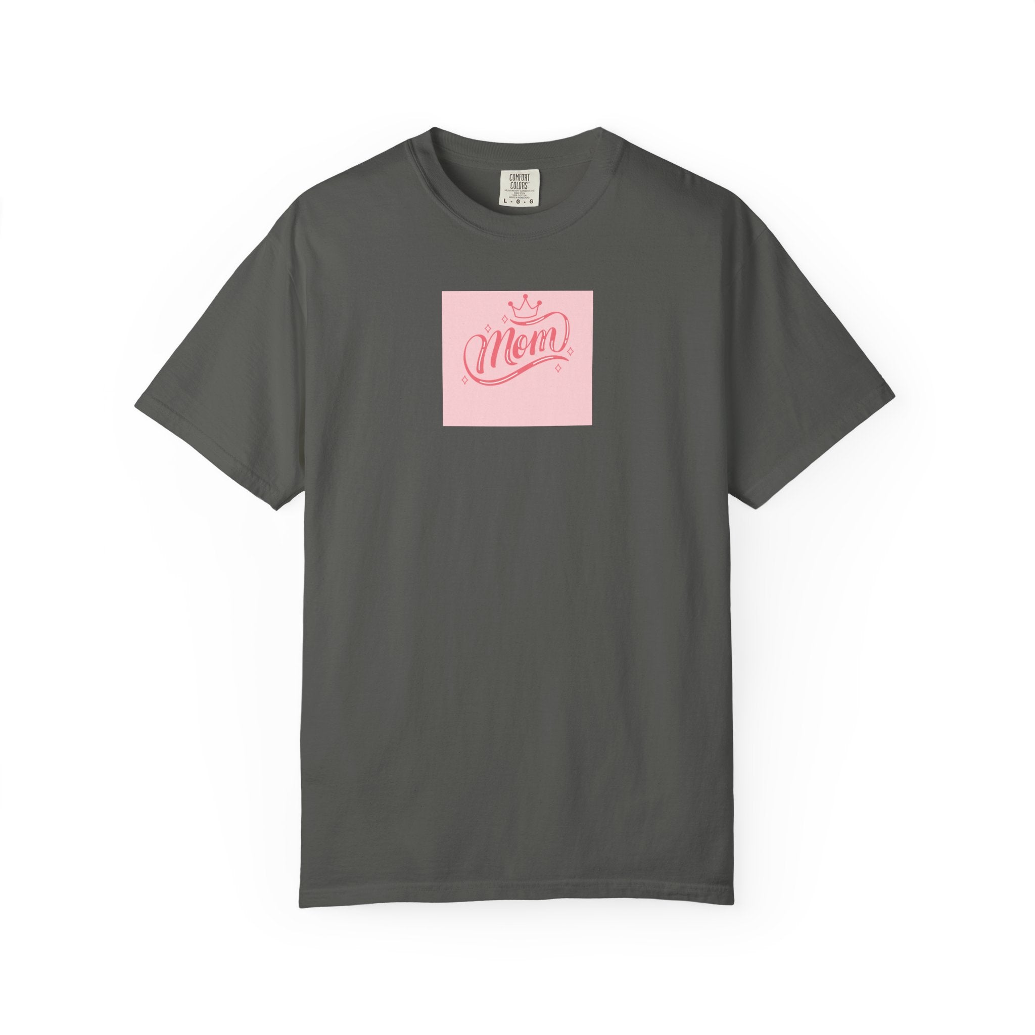 Mom Script Pocket T‑Shirt — Pink Square 'Mom' Graphic