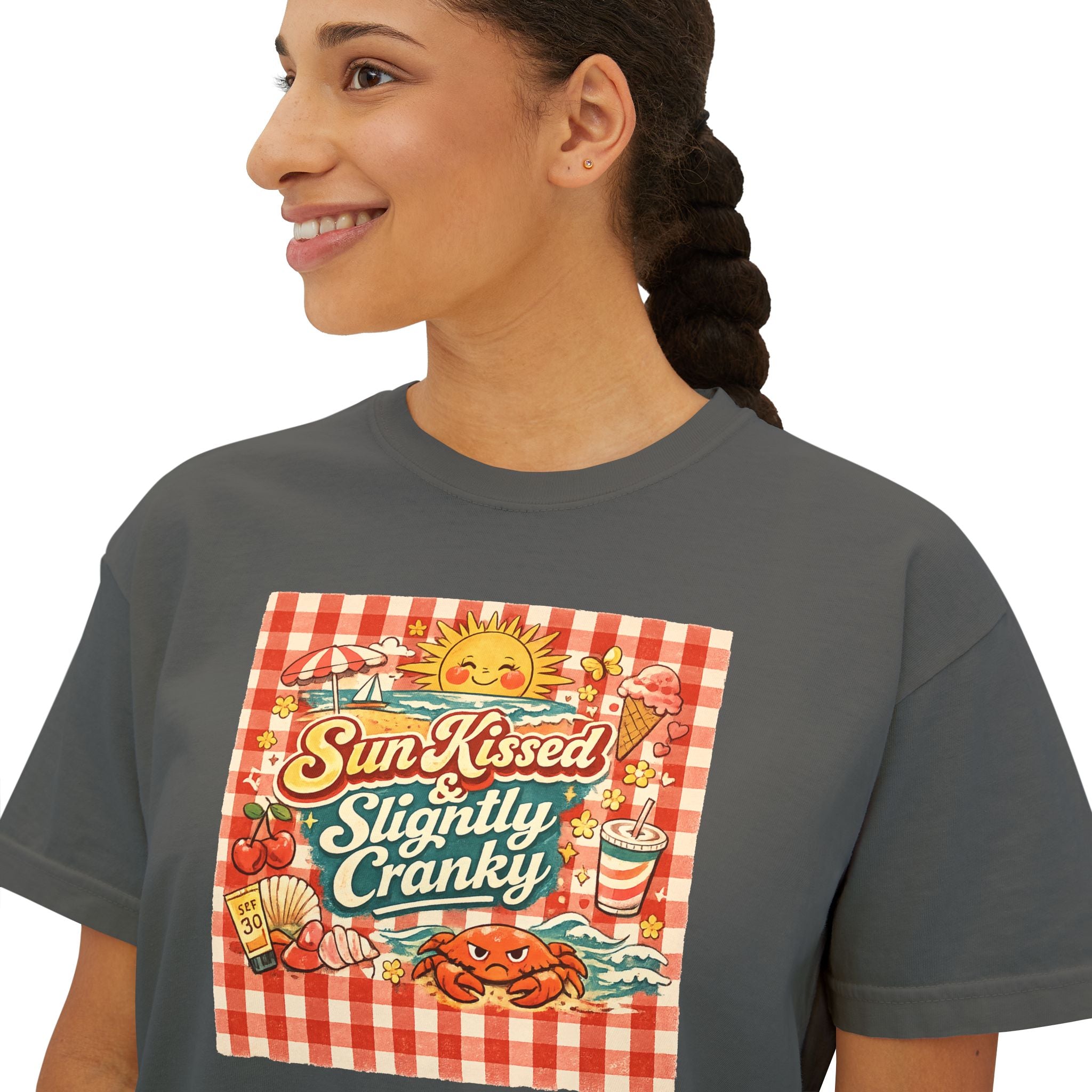 Sun-Kissed Slightly Cranky Boxy Tee — Retro Picnic Graphic Women’s Shirt