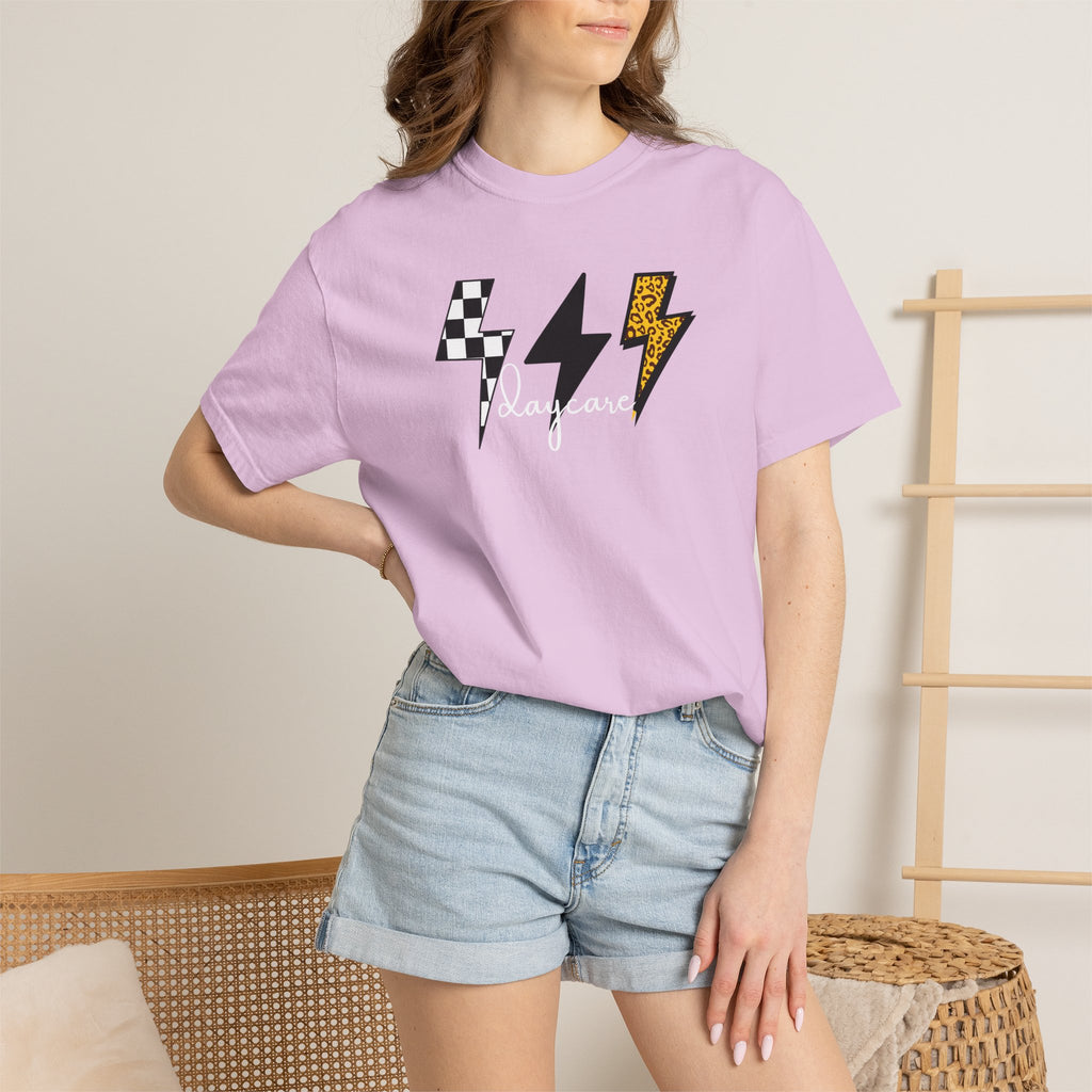 Checkerboard & Leopard Lightning Daycare T-shirt | Gray Garment-Dyed Tee