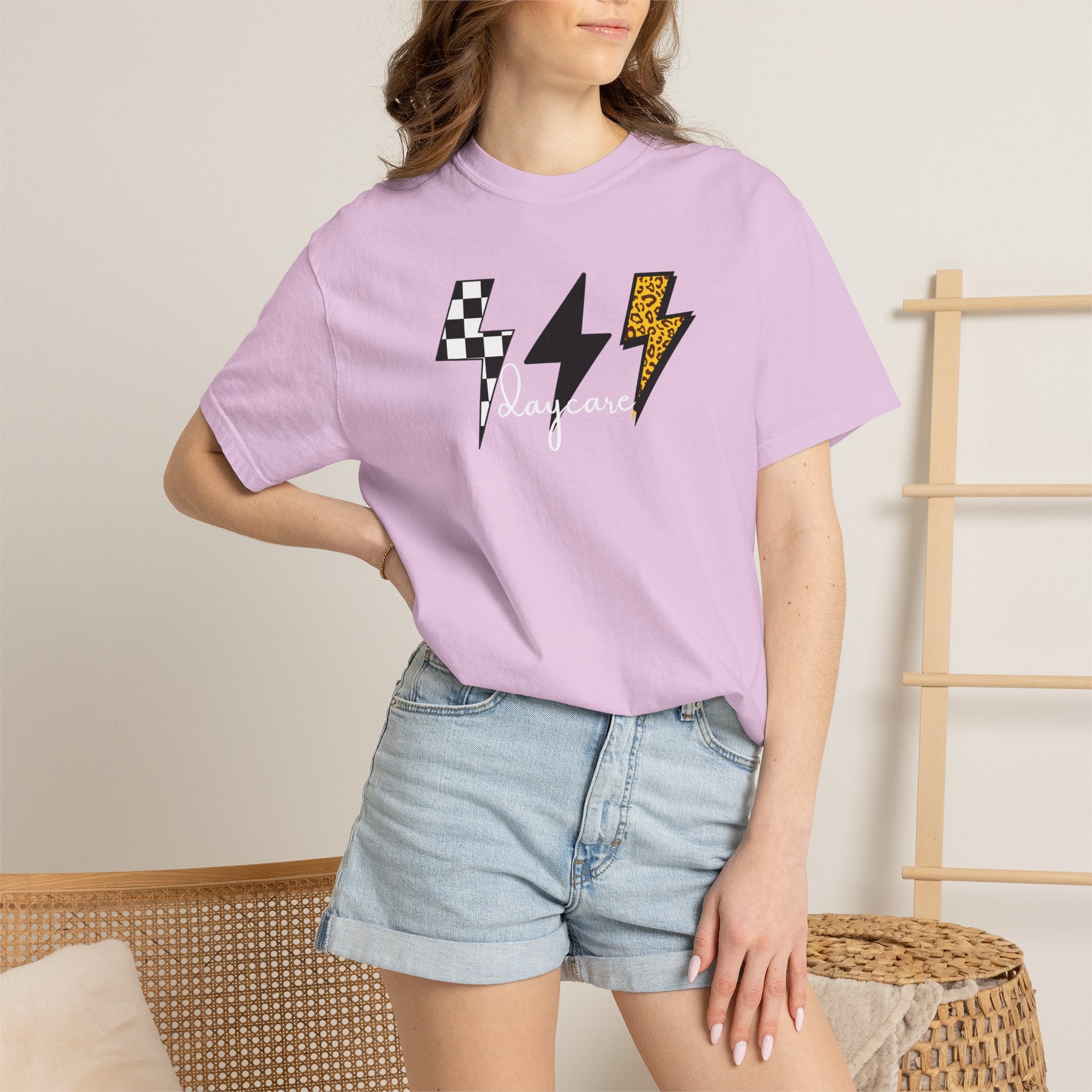 Checkerboard & Leopard Lightning Daycare T-shirt | Gray Garment-Dyed Tee