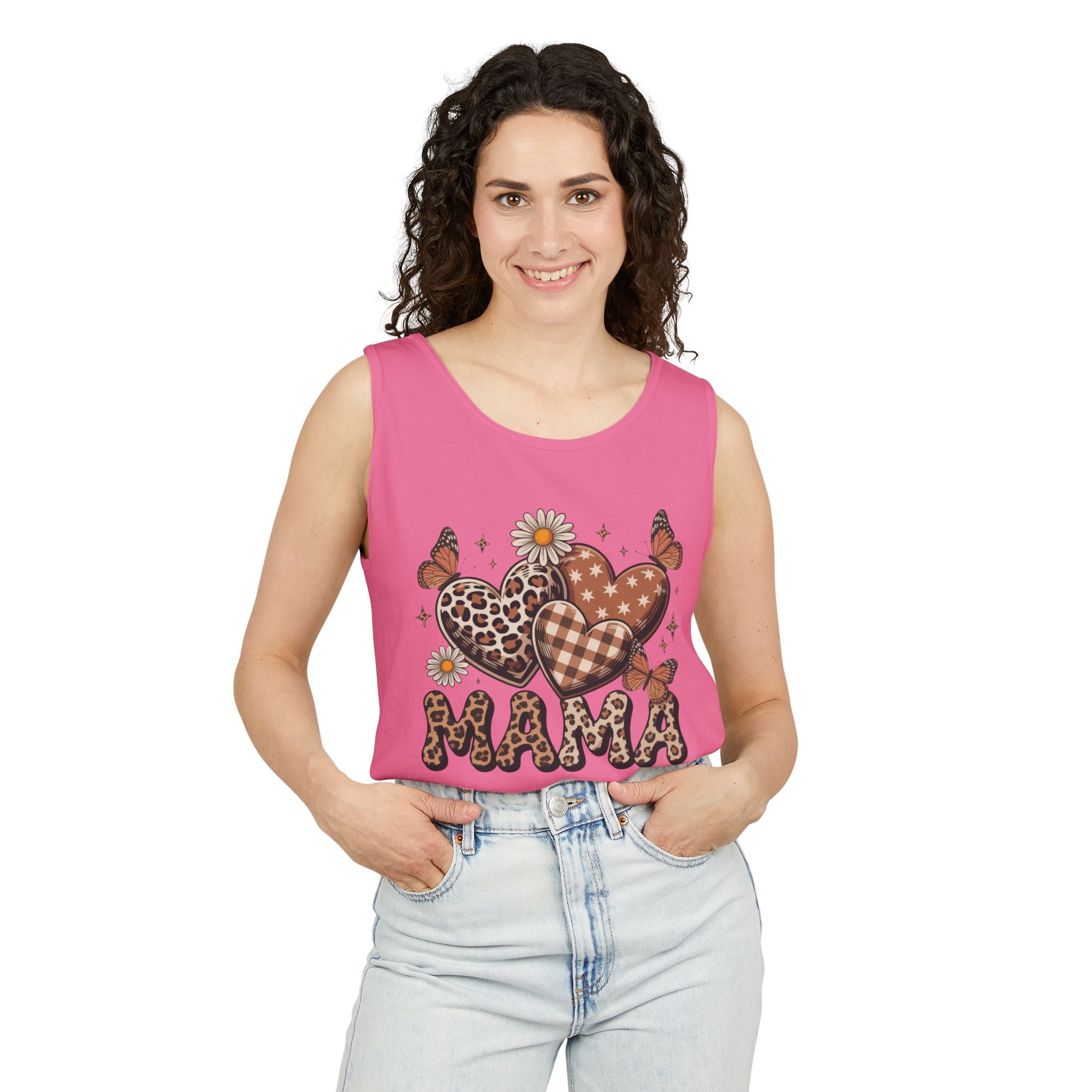 Mama Heart Tank Top — Boho Leopard Plaid Hearts & Daisies