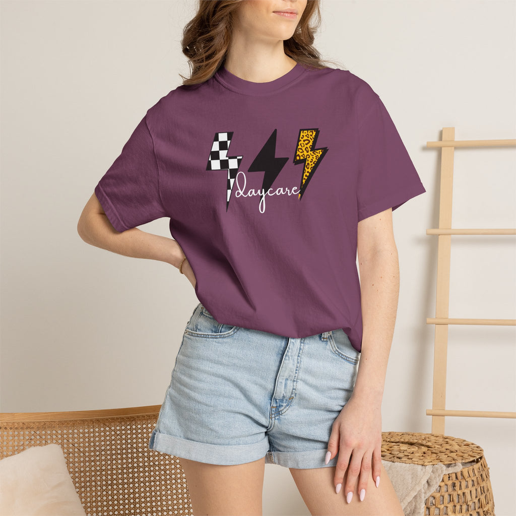 Checkerboard & Leopard Lightning Daycare T-shirt | Gray Garment-Dyed Tee