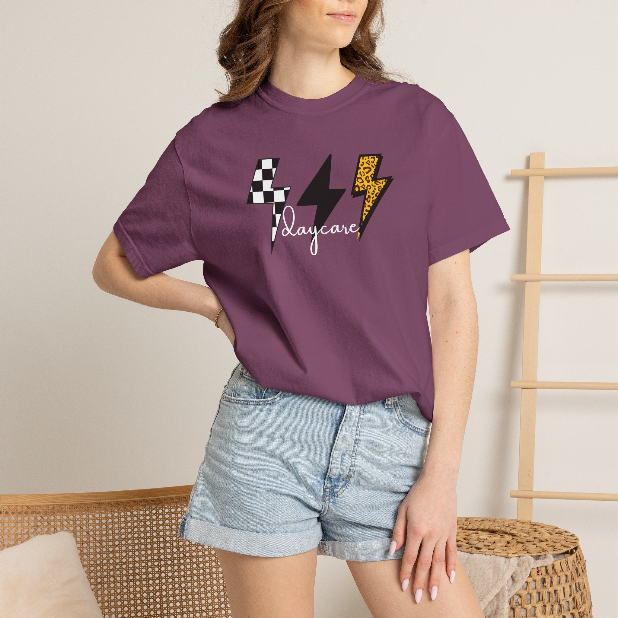 Checkerboard & Leopard Lightning Daycare T-shirt | Gray Garment-Dyed Tee