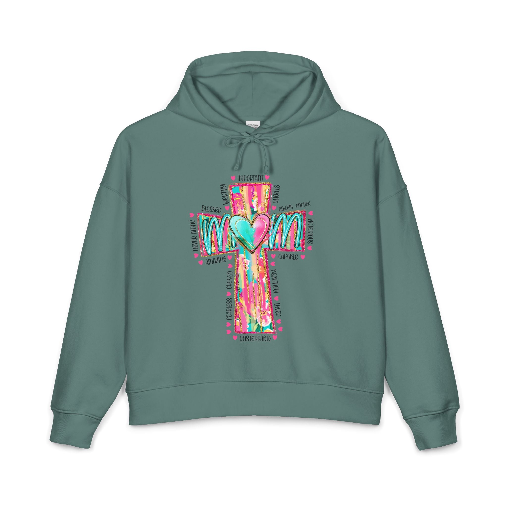 Christian Cross Hoodie — Colorful Heart & 'Mom' Faith Graphic