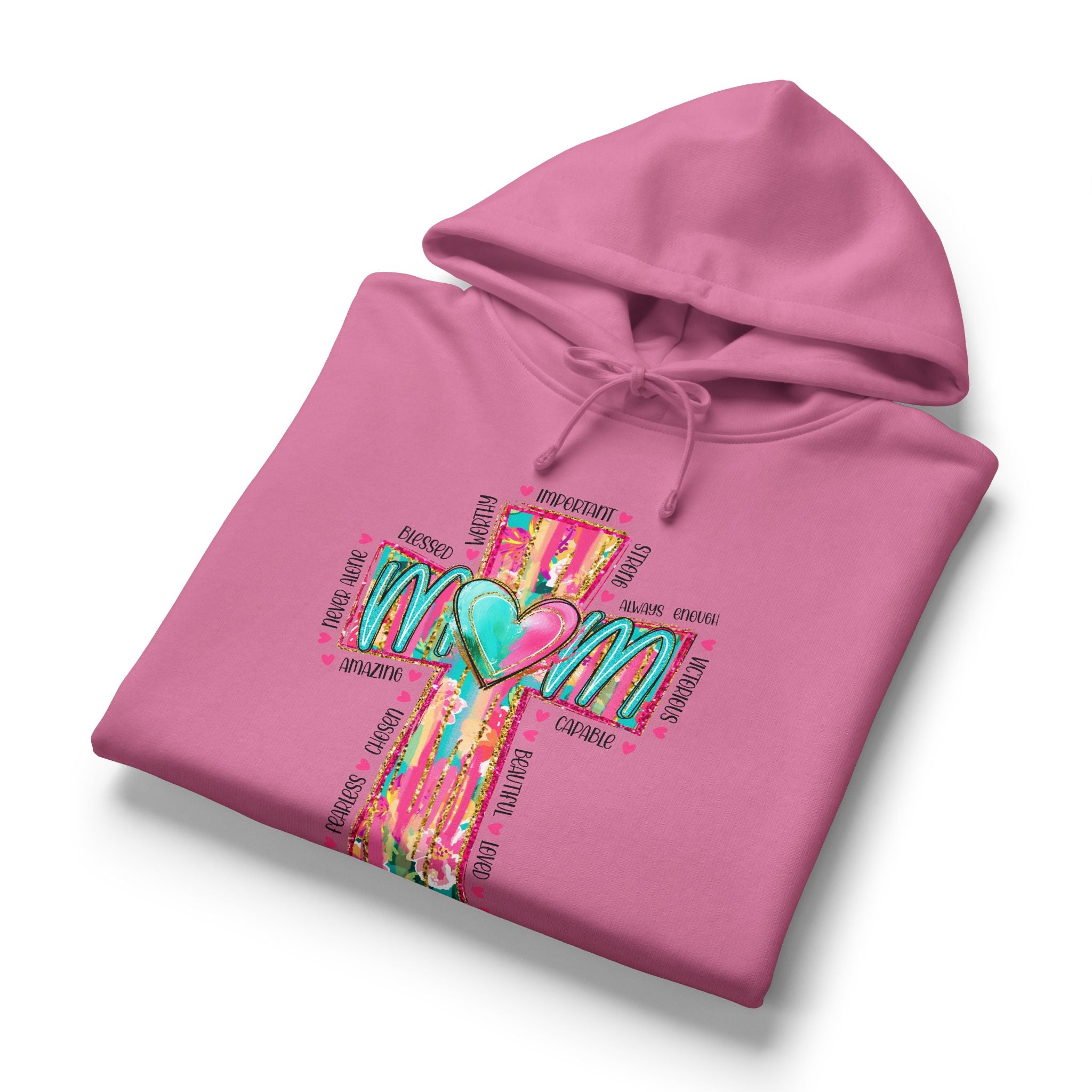 Christian Cross Hoodie — Colorful Heart & 'Mom' Faith Graphic