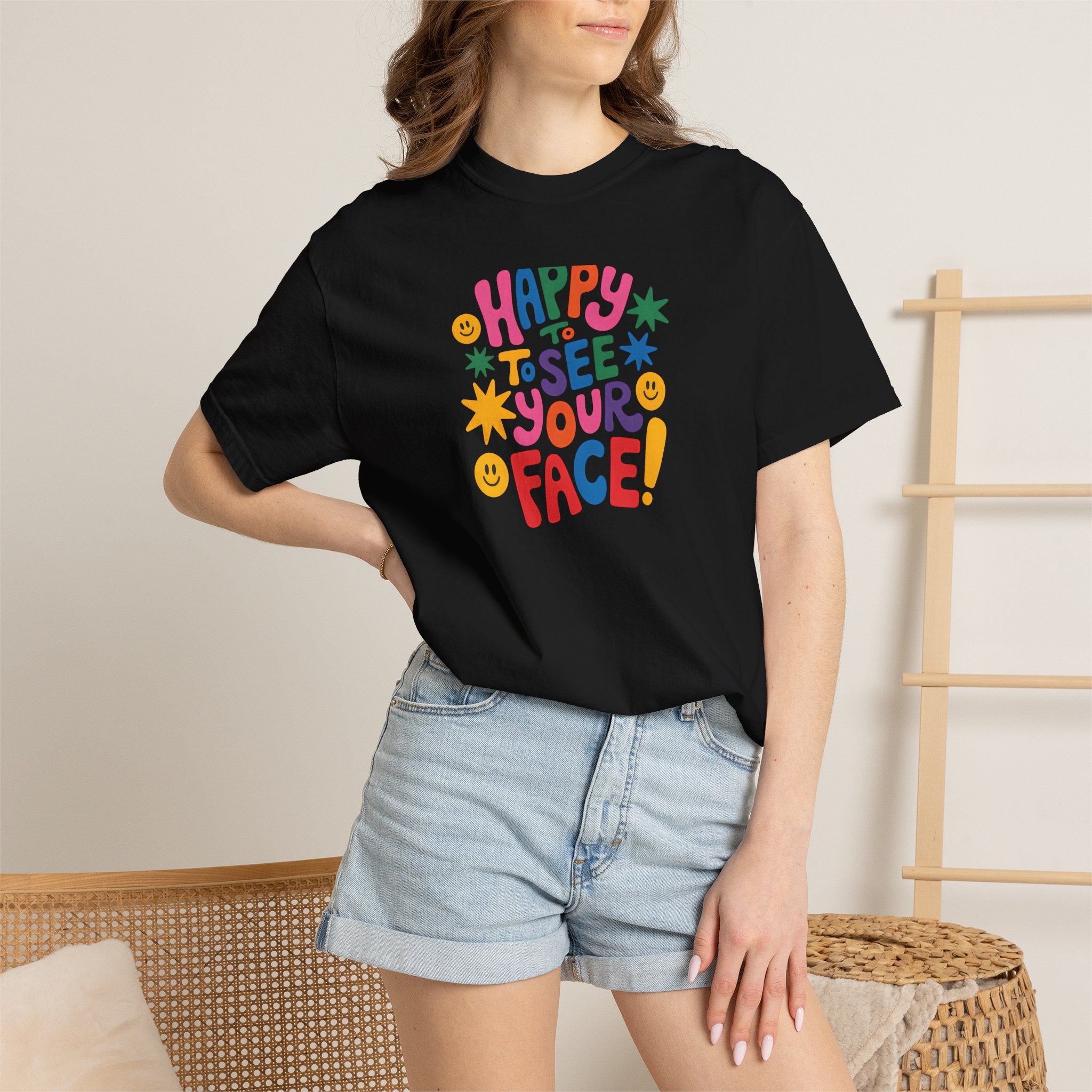 Happy to See Your Face T-shirt | Colorful Retro Smiley Typography