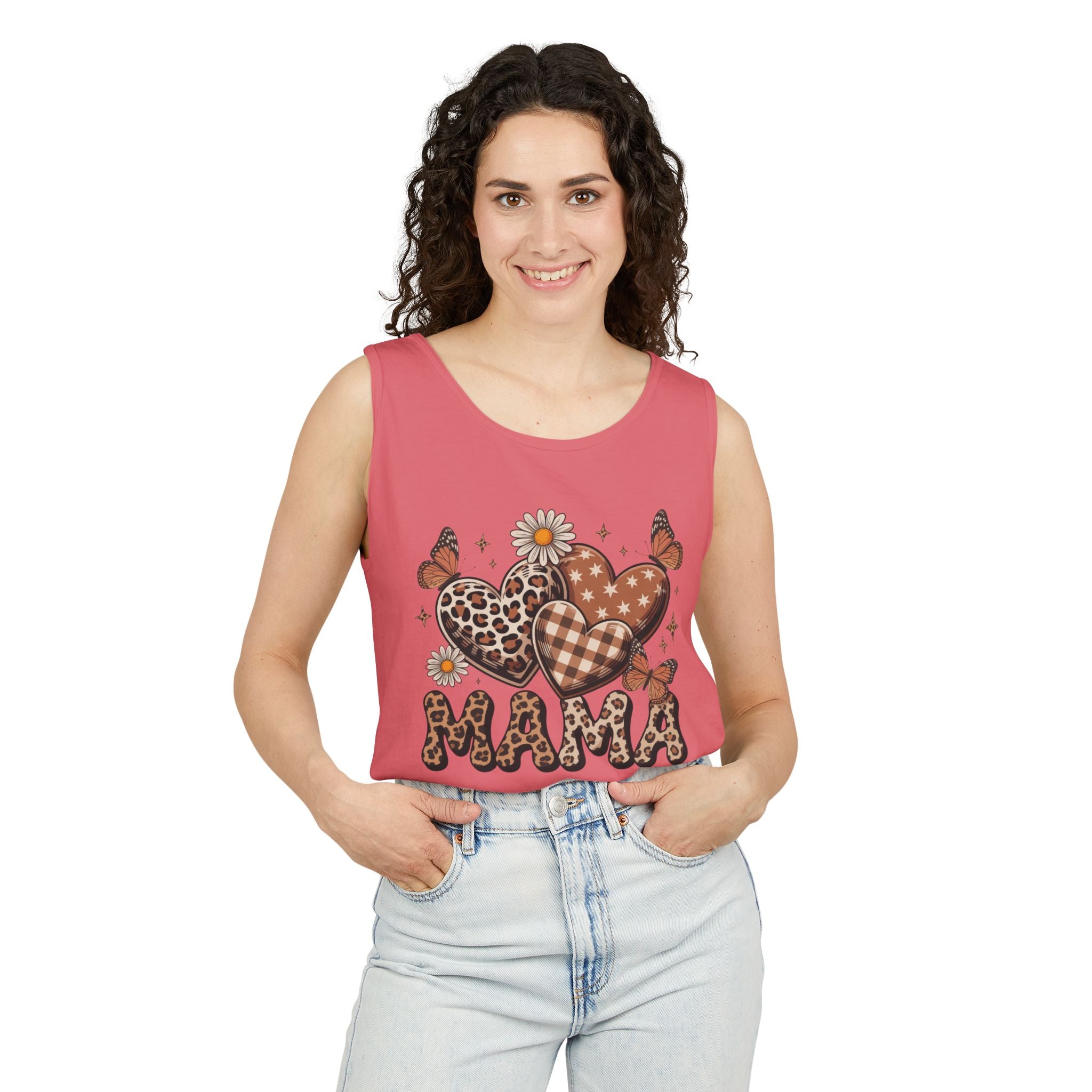 Mama Heart Tank Top — Boho Leopard Plaid Hearts & Daisies