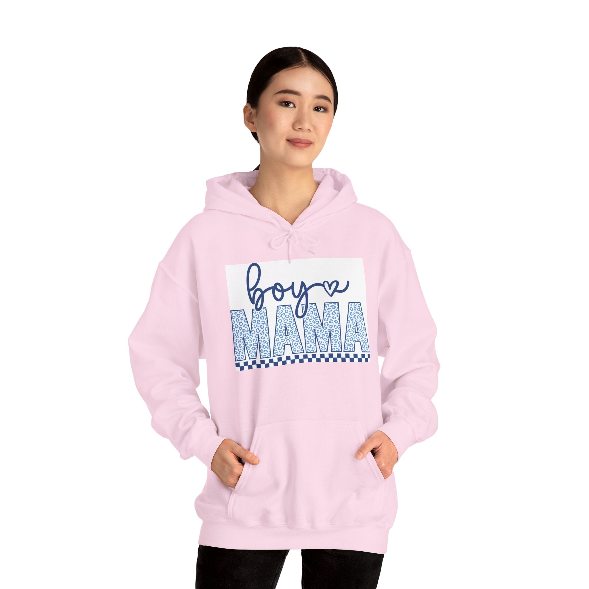 Boy Mama Hoodie — Blue Script & Patterned Lettering, Mom Gift for New Baby or Mother's Day