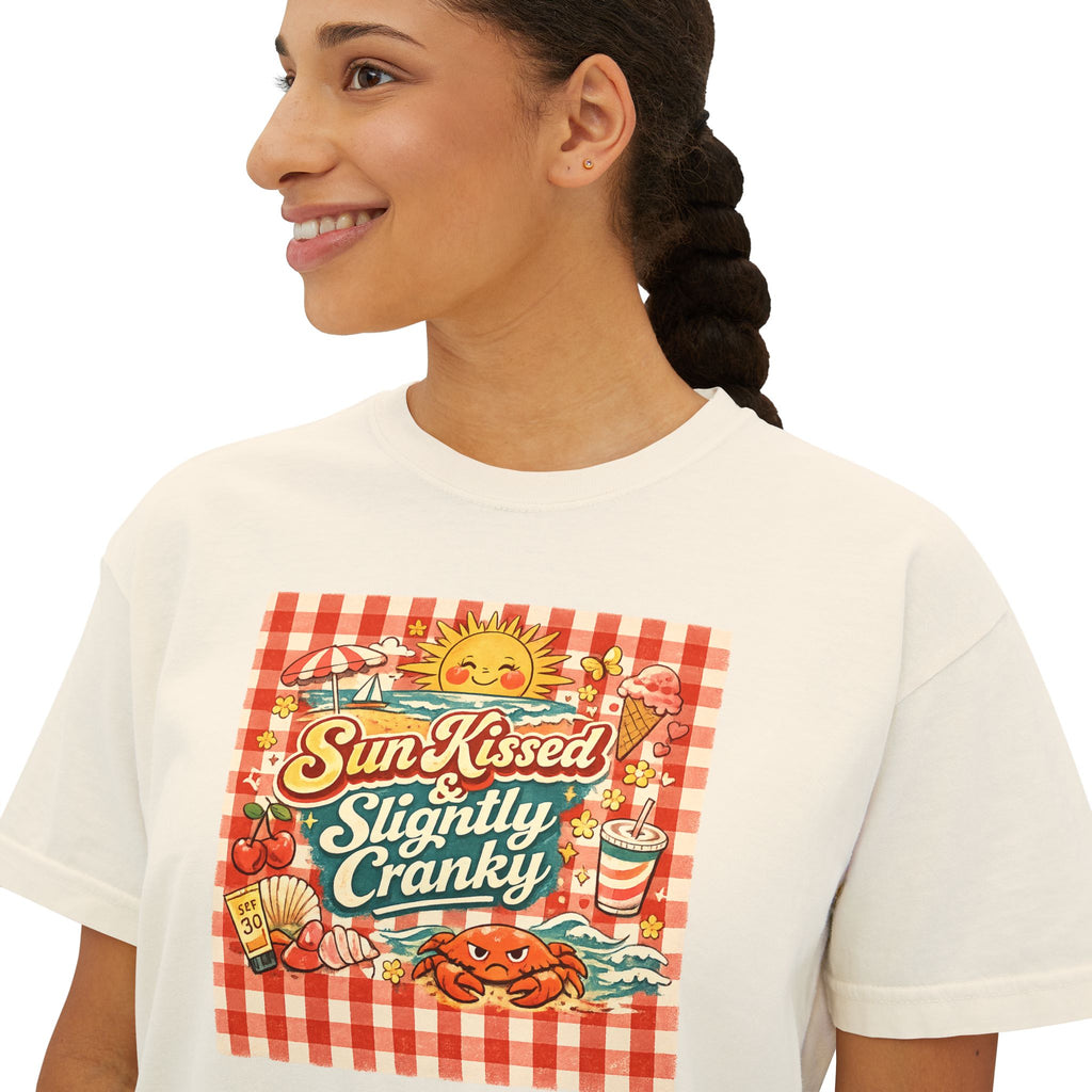 Sun-Kissed Slightly Cranky Boxy Tee — Retro Picnic Graphic Women’s Shirt