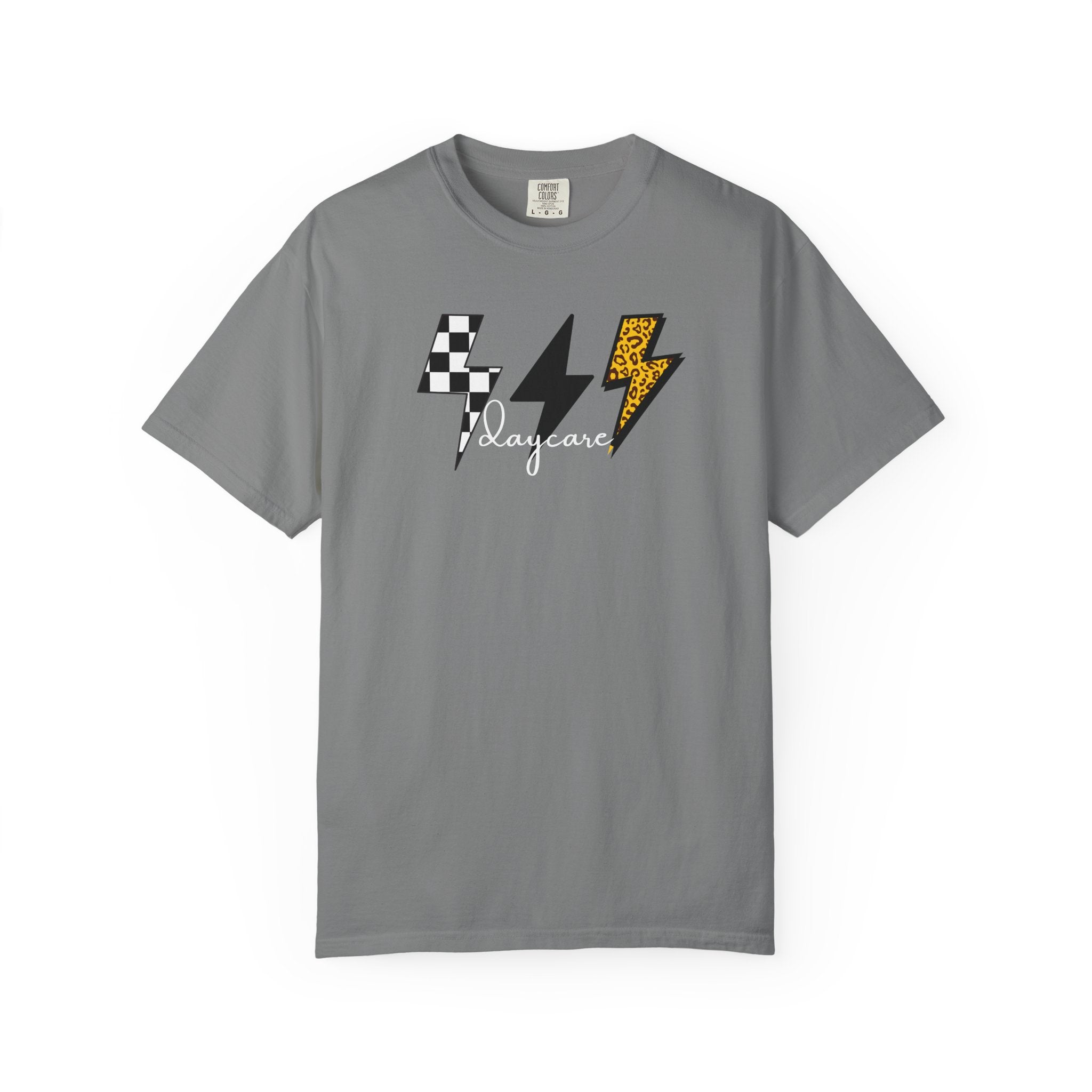 Checkerboard & Leopard Lightning Daycare T-shirt | Gray Garment-Dyed Tee