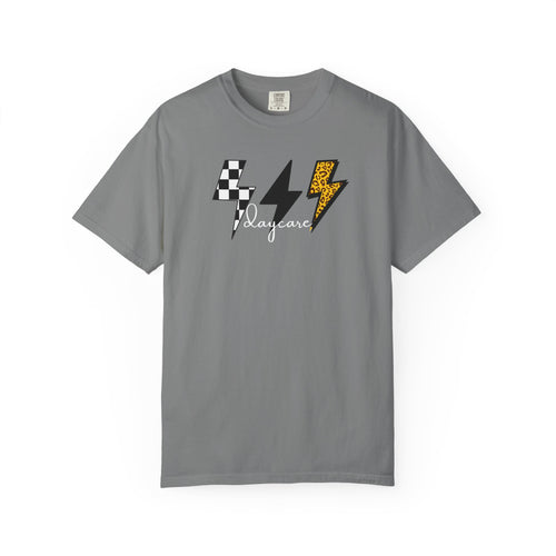 Checkerboard & Leopard Lightning Daycare T-shirt | Gray Garment-Dyed Tee
