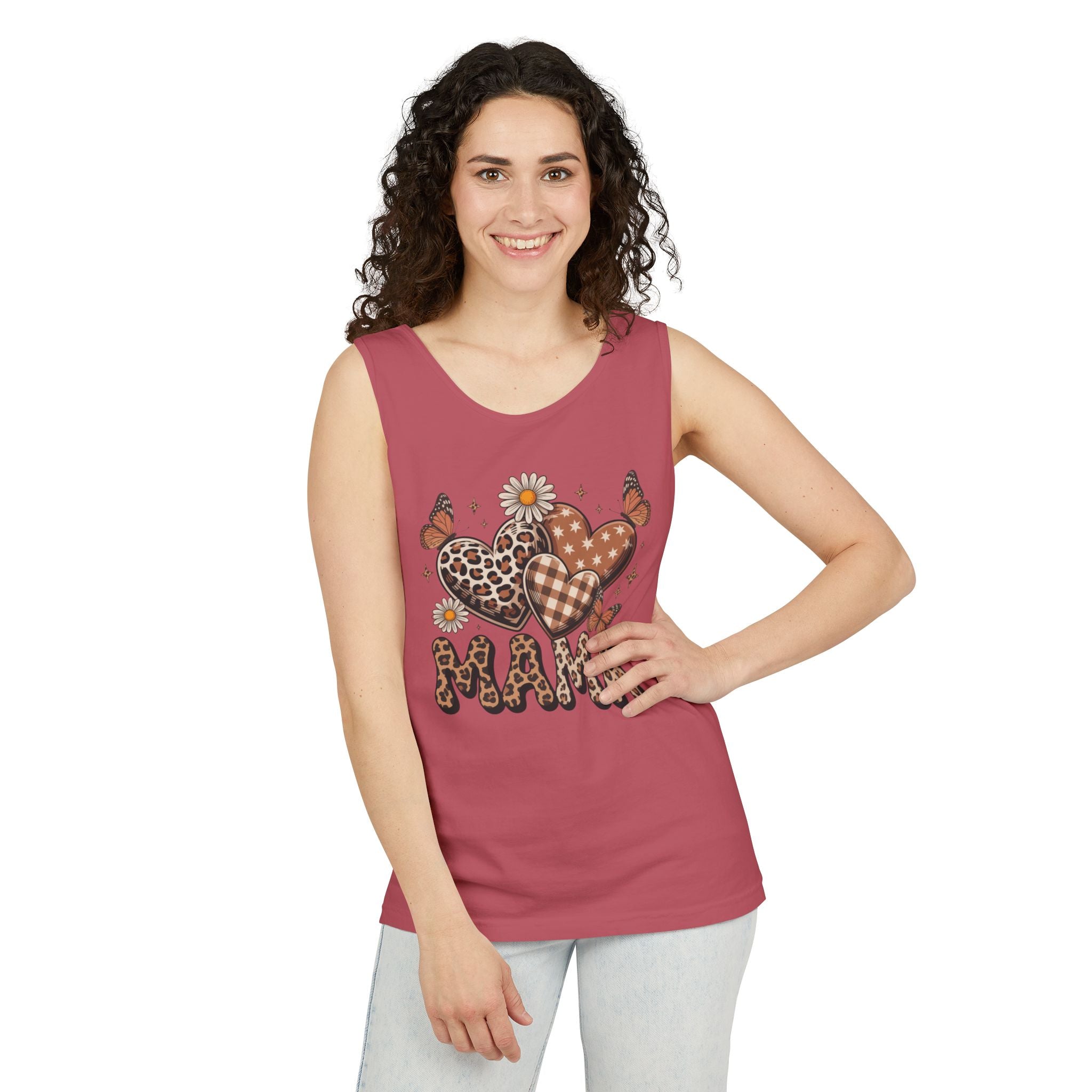 Mama Heart Tank Top — Boho Leopard Plaid Hearts & Daisies