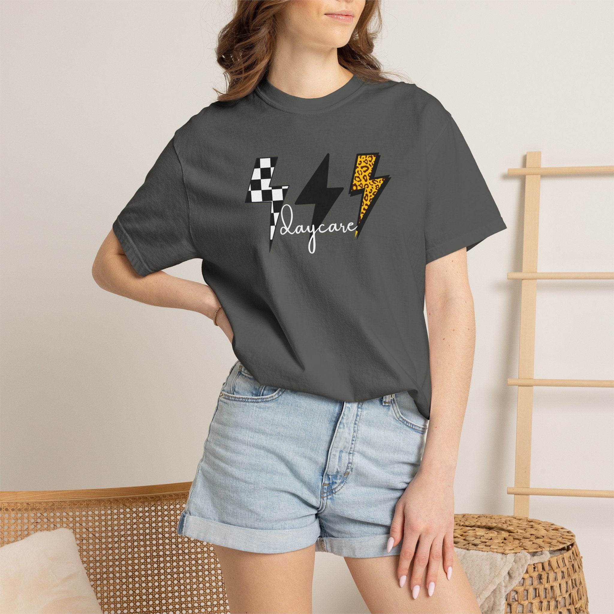 Checkerboard & Leopard Lightning Daycare T-shirt | Gray Garment-Dyed Tee