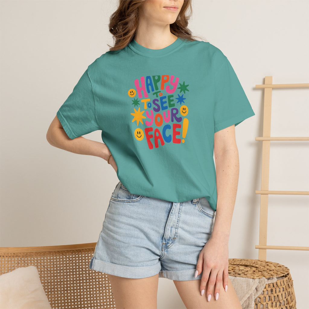 Happy to See Your Face T-shirt | Colorful Retro Smiley Typography