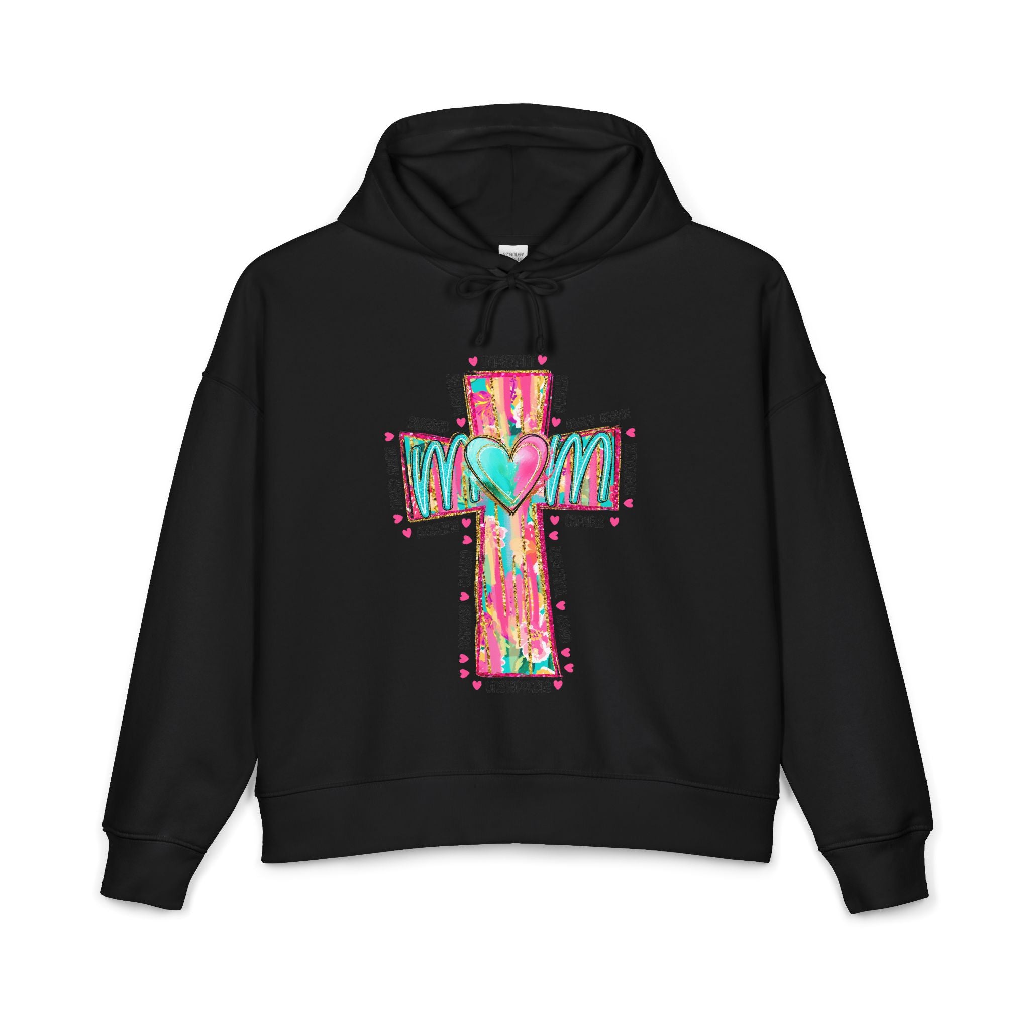 Christian Cross Hoodie — Colorful Heart & 'Mom' Faith Graphic