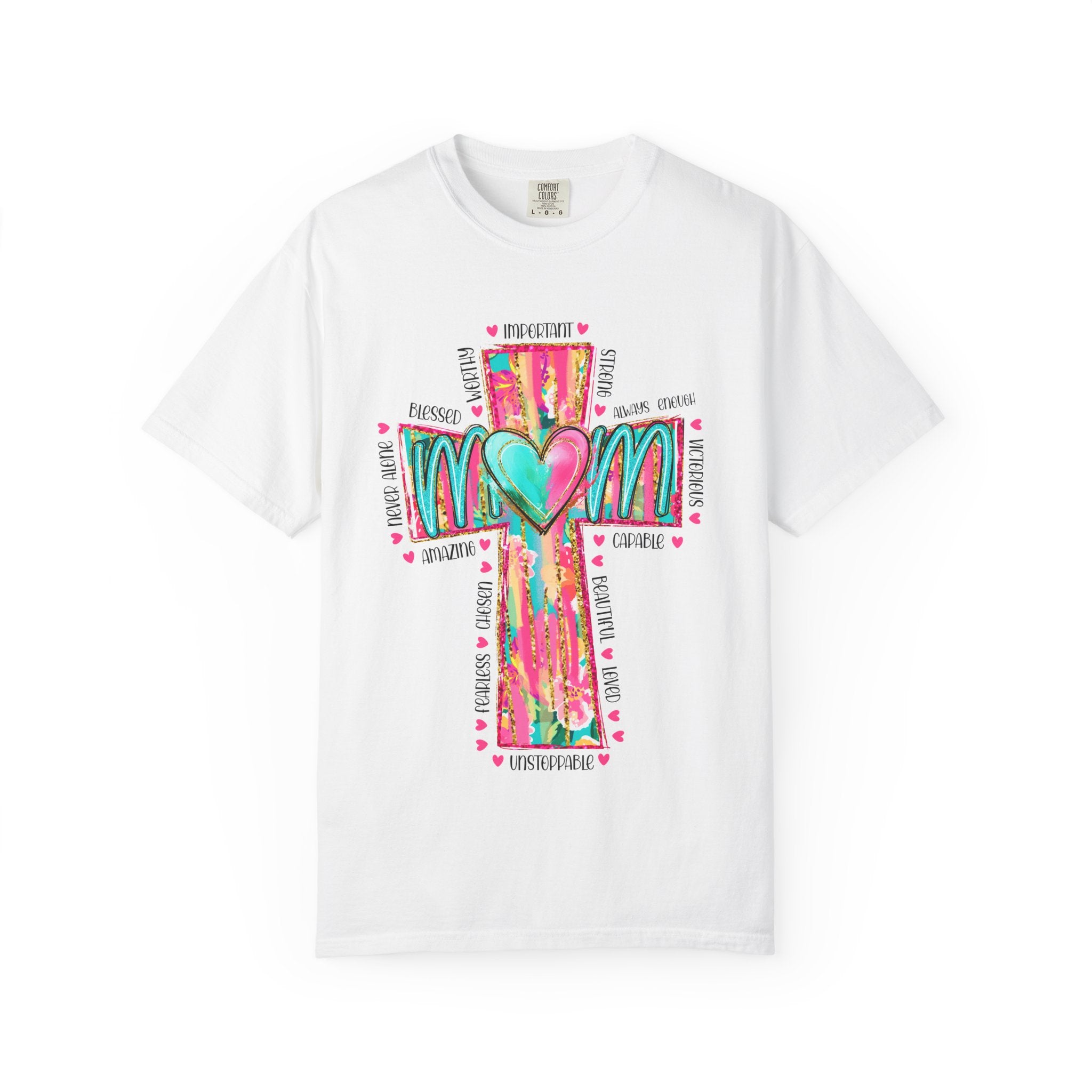 Mom Cross Heart T-Shirt — Colorful Spiritual Mother’s Day Tee