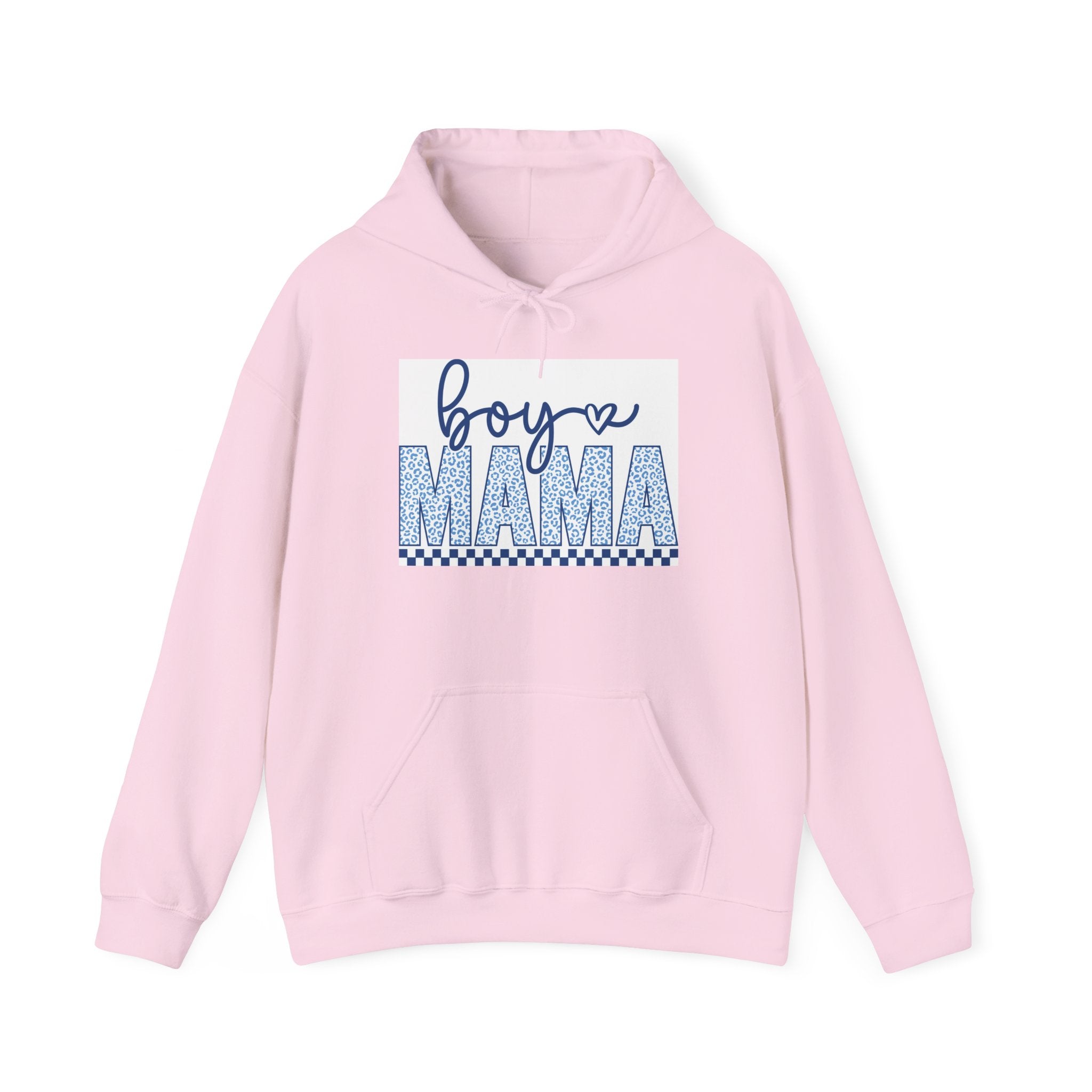 Boy Mama Hoodie — Blue Script & Patterned Lettering, Mom Gift for New Baby or Mother's Day