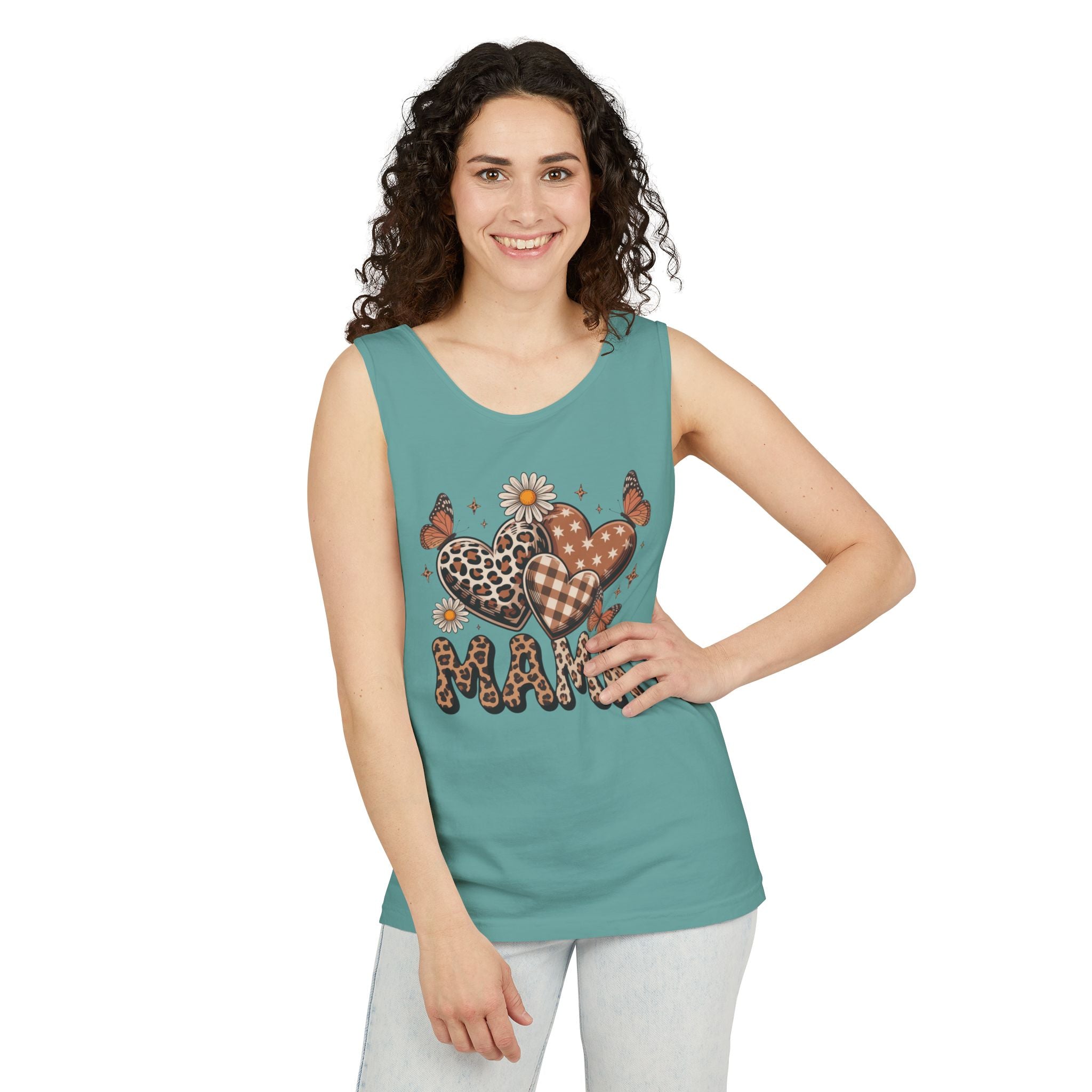 Mama Heart Tank Top — Boho Leopard Plaid Hearts & Daisies