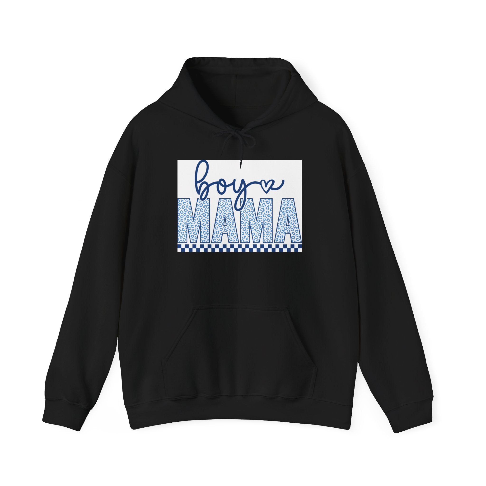 Boy Mama Hoodie — Blue Script & Patterned Lettering, Mom Gift for New Baby or Mother's Day