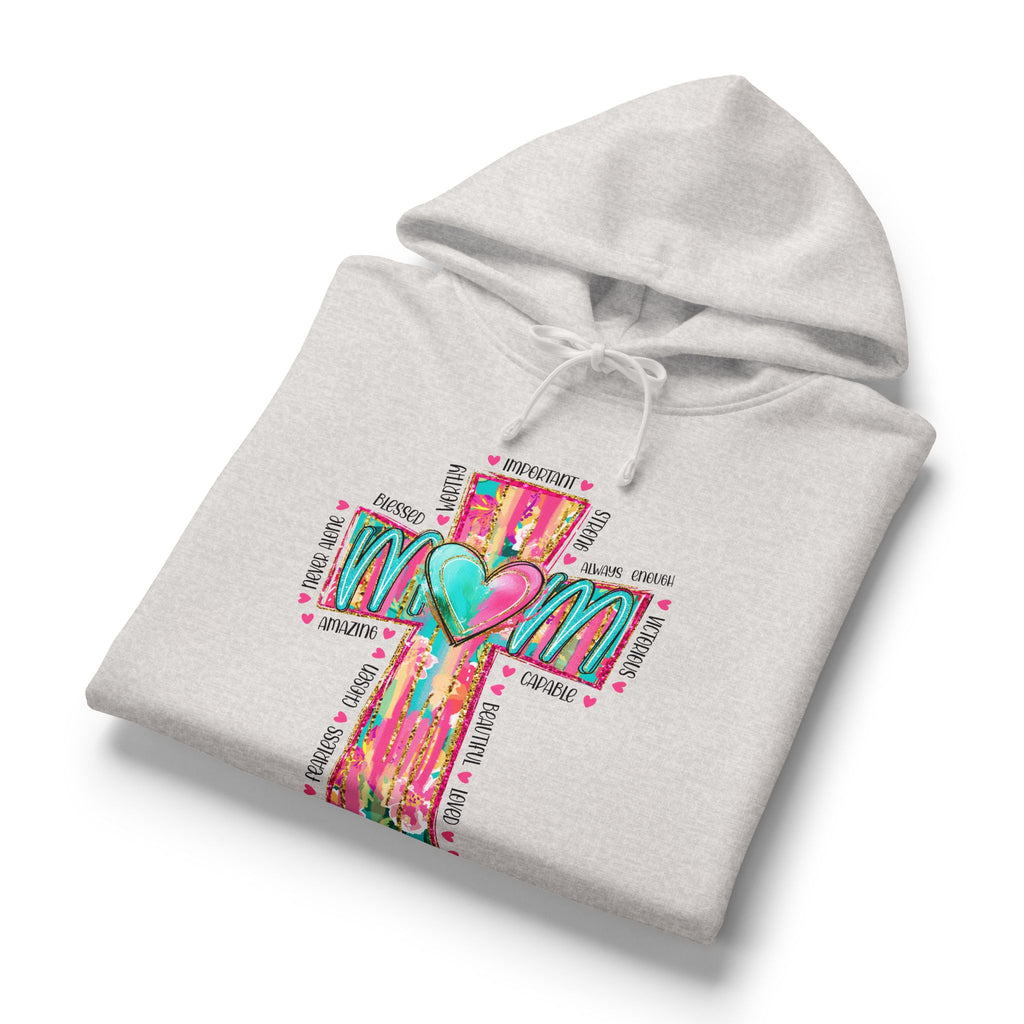 Christian Cross Hoodie — Colorful Heart & 'Mom' Faith Graphic