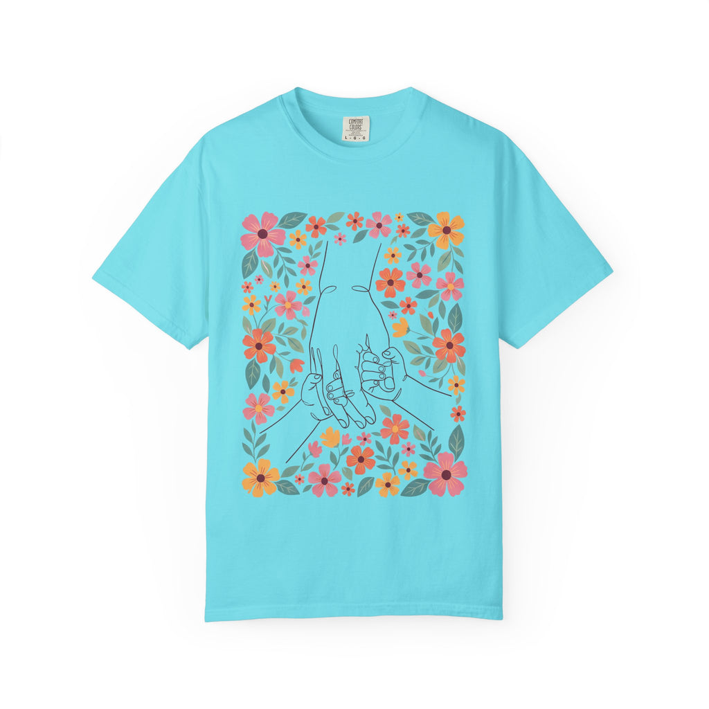 Floral Family Hold T-Shirt — Illustrated Hands & Colorful Flower Frame