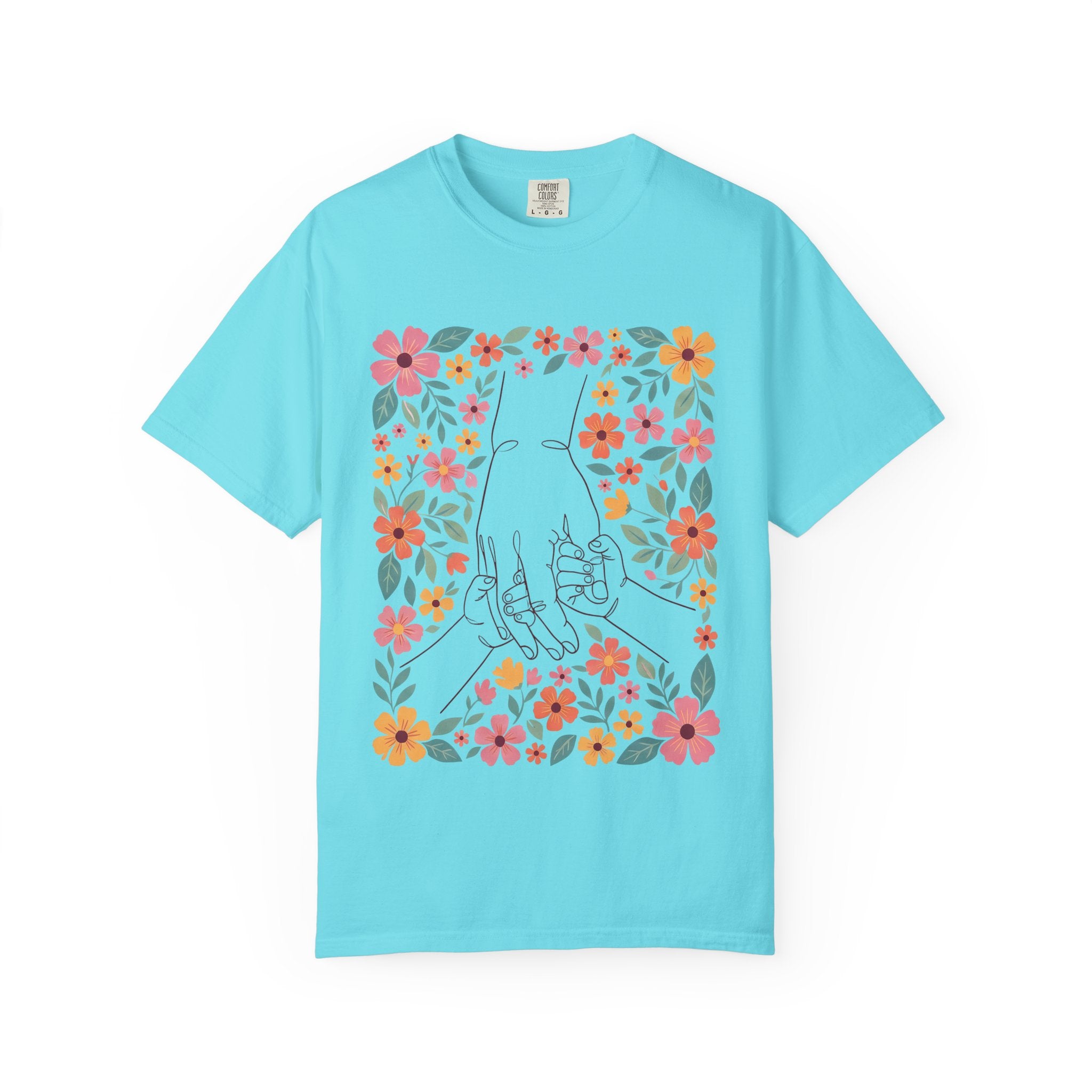 Floral Family Hold T-Shirt — Illustrated Hands & Colorful Flower Frame