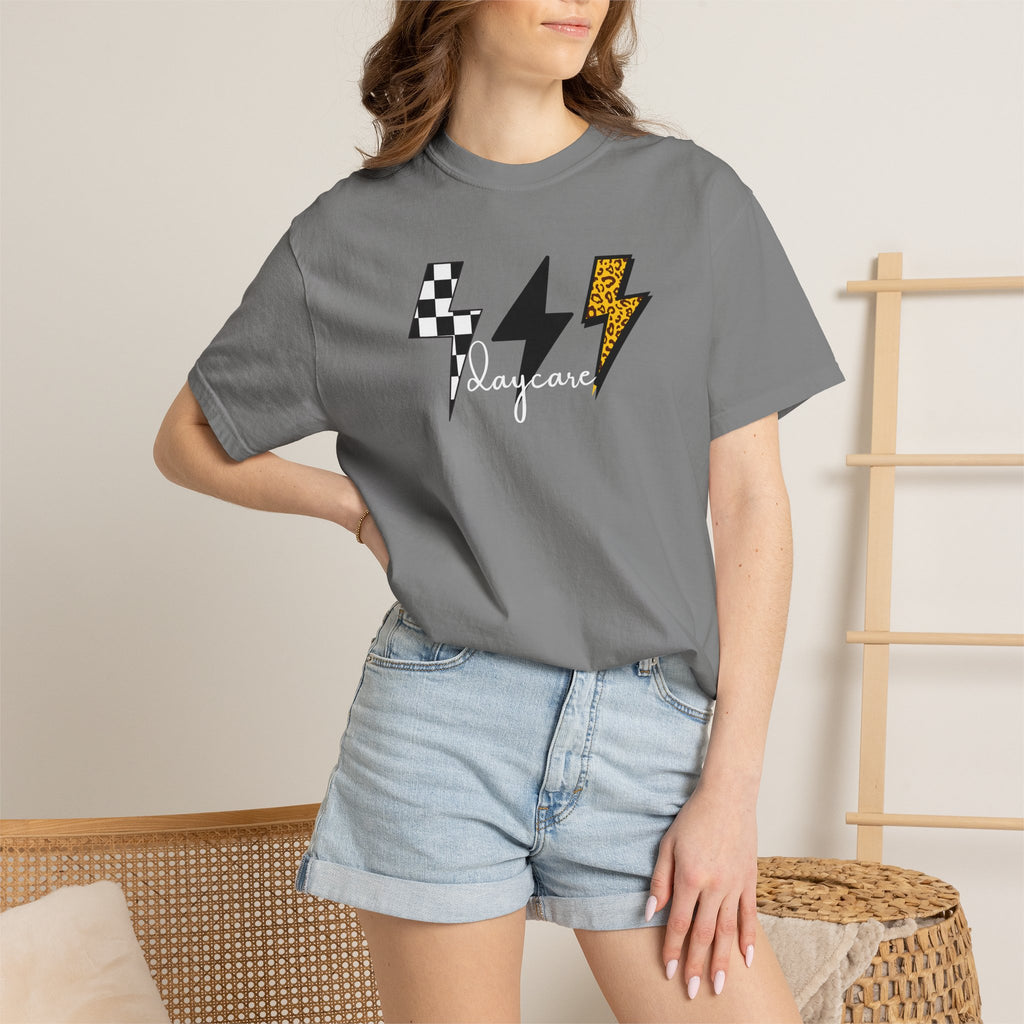 Checkerboard & Leopard Lightning Daycare T-shirt | Gray Garment-Dyed Tee