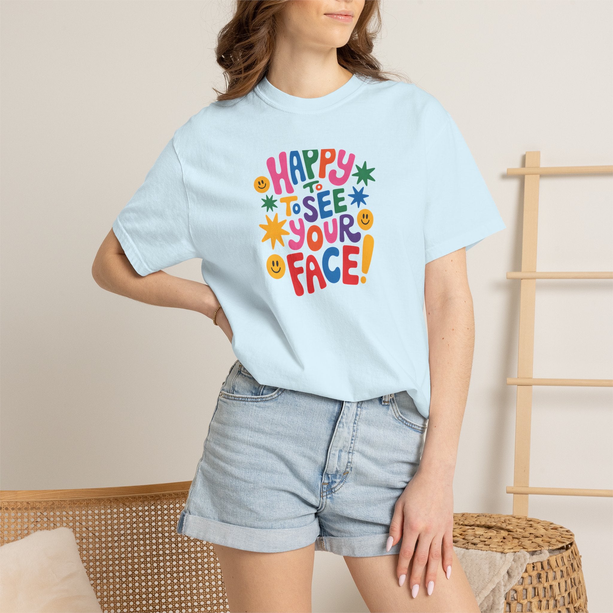 Happy to See Your Face T-shirt | Colorful Retro Smiley Typography