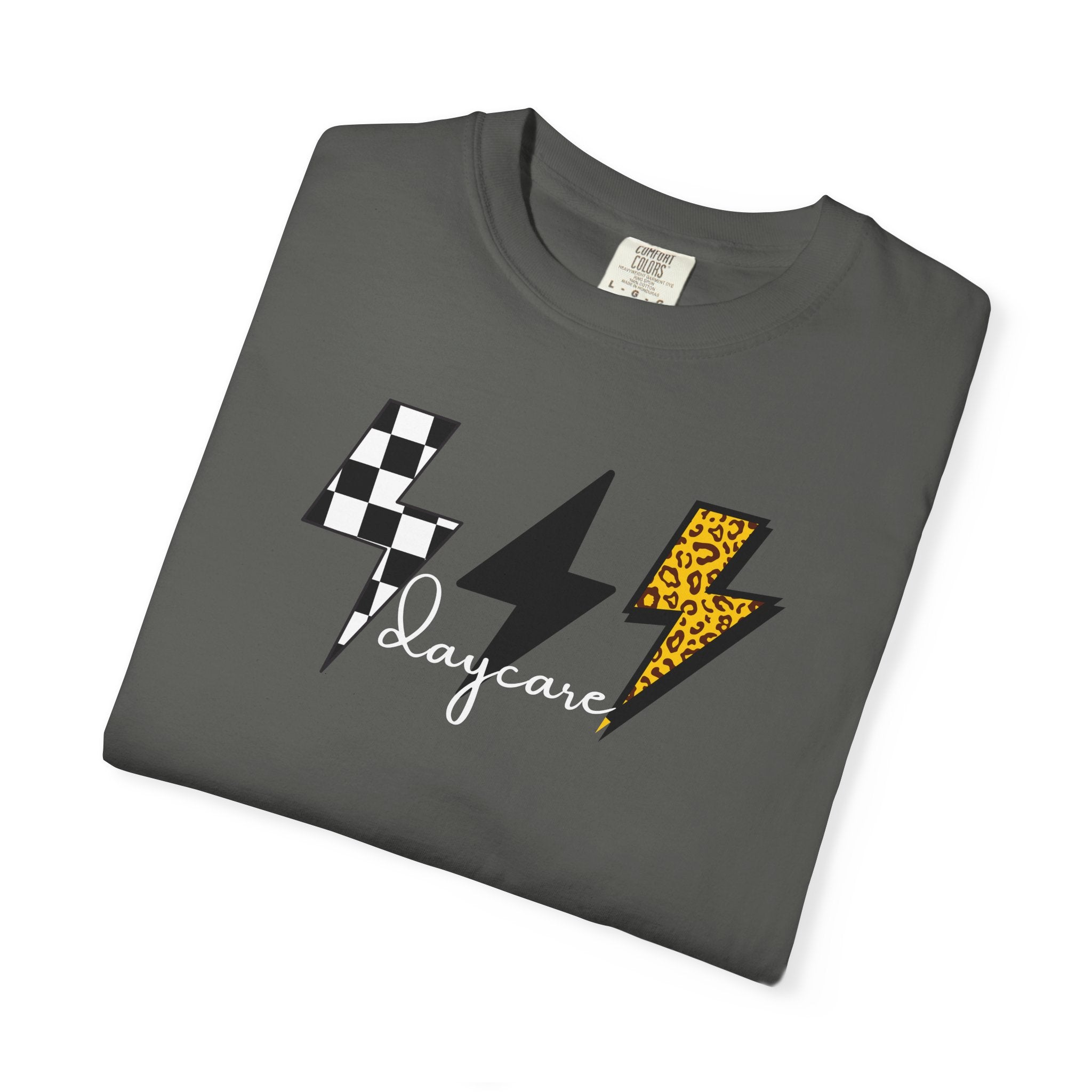 Checkerboard & Leopard Lightning Daycare T-shirt | Gray Garment-Dyed Tee